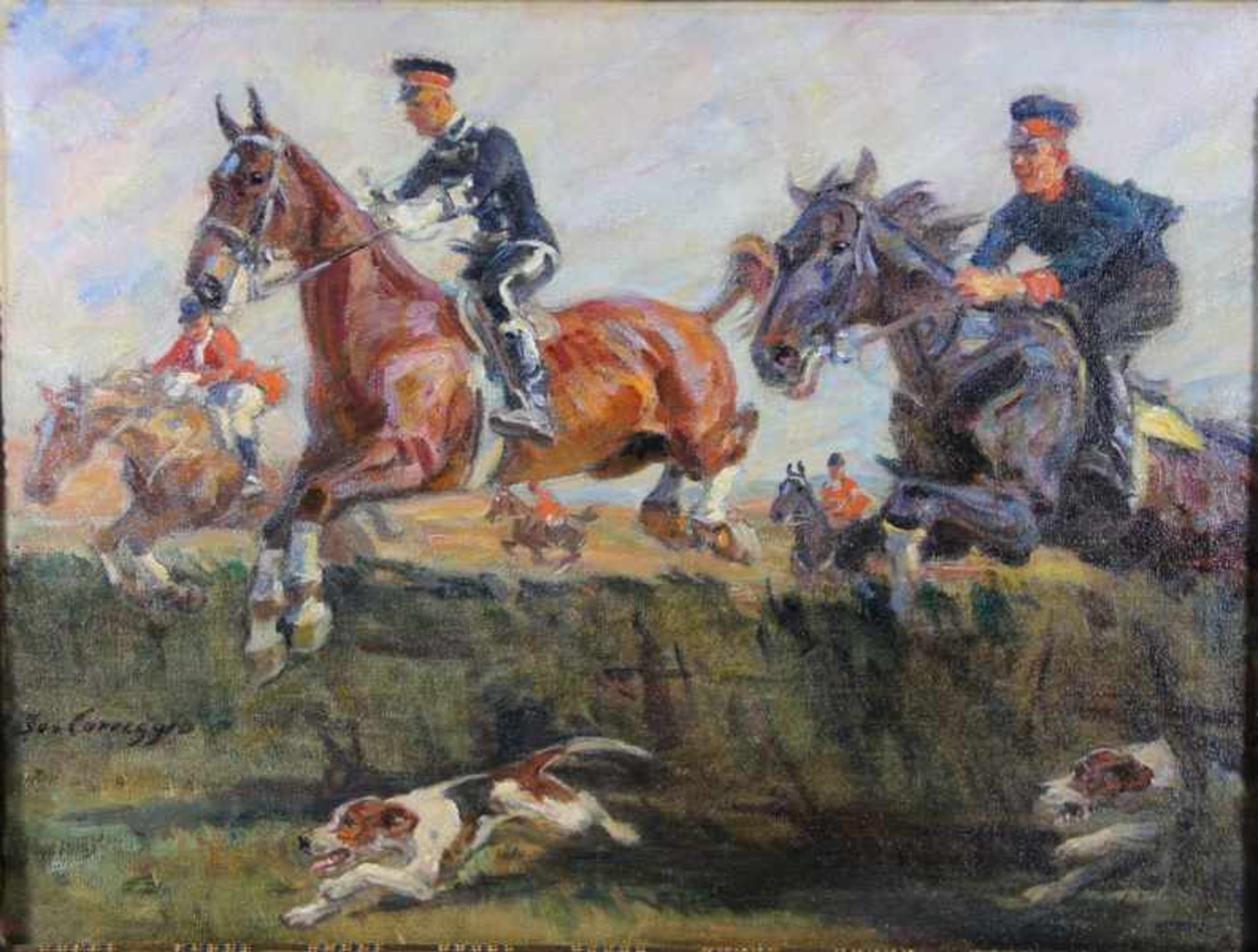 Corregio, Joseph Kaspar 1870-1962, rotberockte Jäger und Uniformierte zu Pferde beim Überspringen