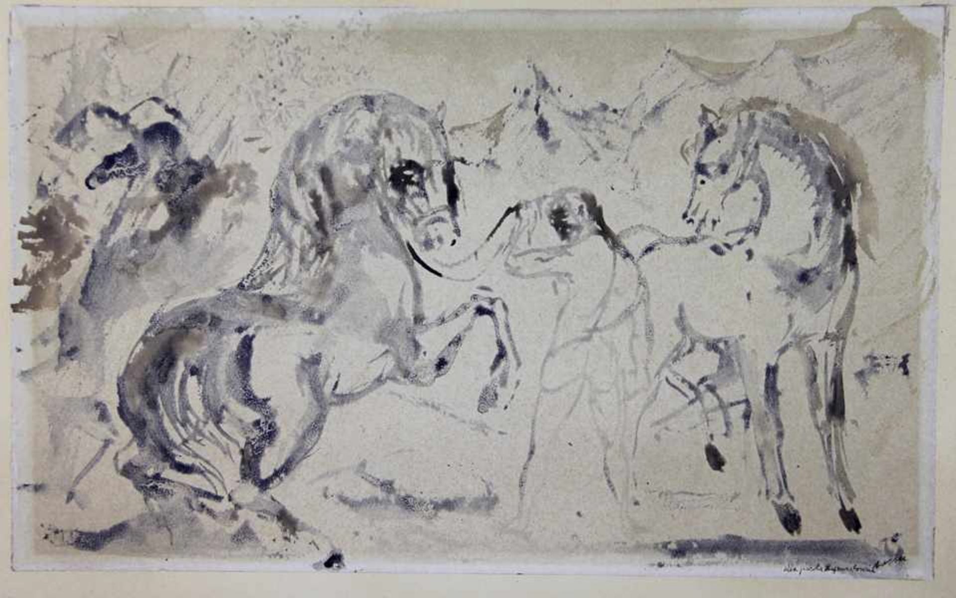 Sassu, Aligi1912-2000, Aquarell/Mischtechnik, männlicher Rückenakt mit 2 Pferden vor Berglandschaft,