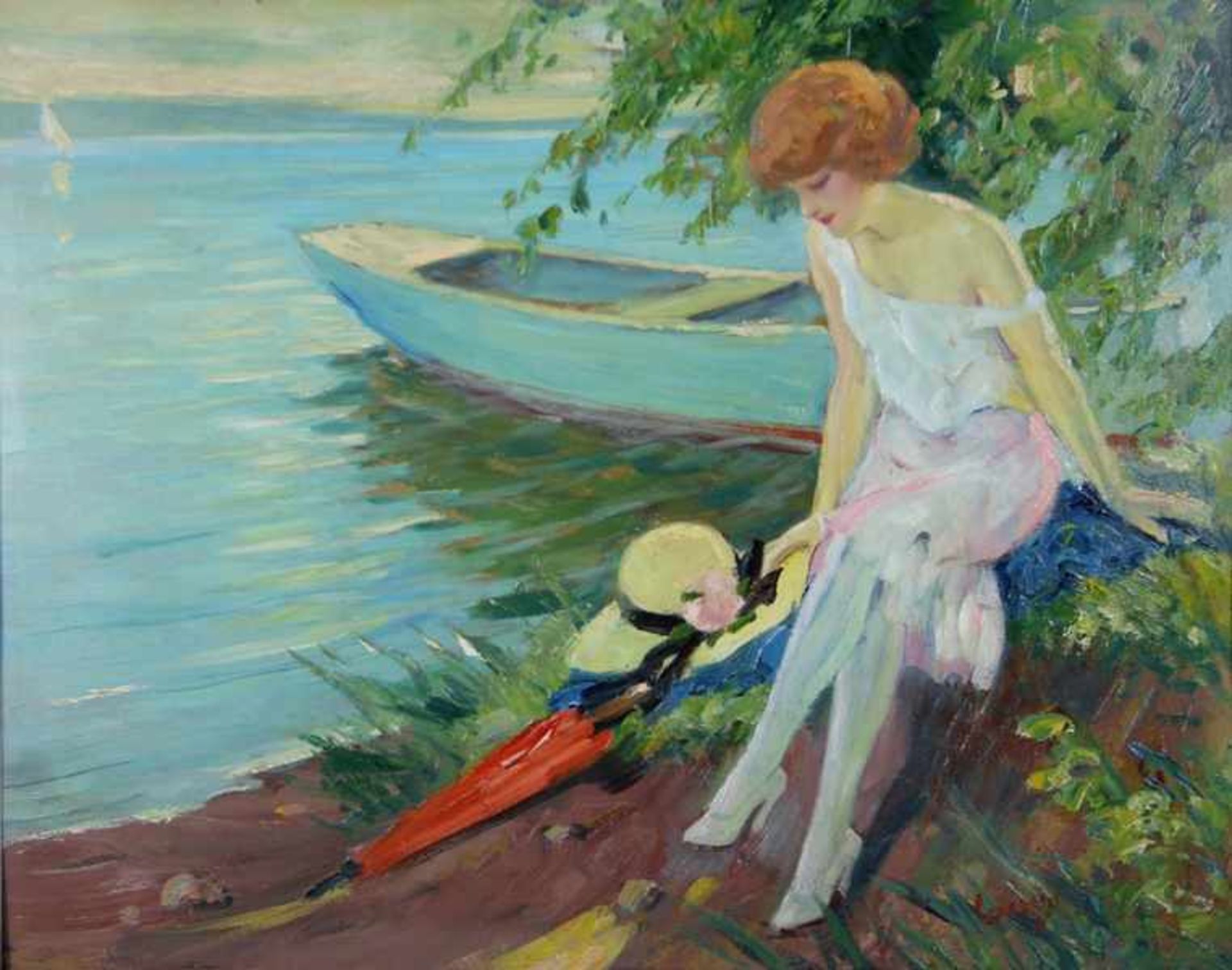 Cucuel, Edward1875-1954, junge Frau mit blondem lockigen Haar in weißem Sommerkleid am Ufer wohl des