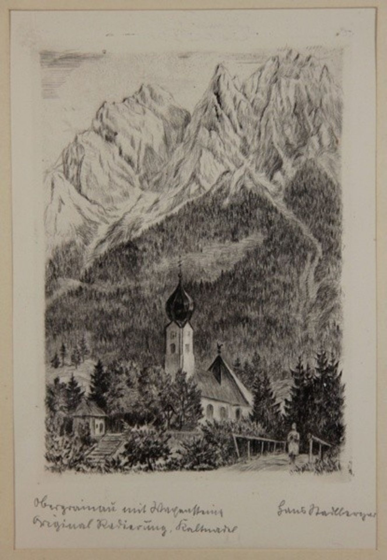 Stadlberger, Hans1892-1970, Original-Radierung Kaltnadel, Oberammergau, Kirche mit Zwiebelturm vor