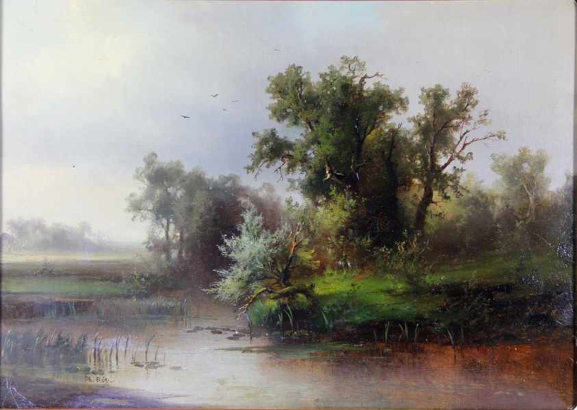 Röth, Philipp1841-1921, idyllische Gewässerlandschaft, am Ufer knorrige Bäume u. Sträucher, im
