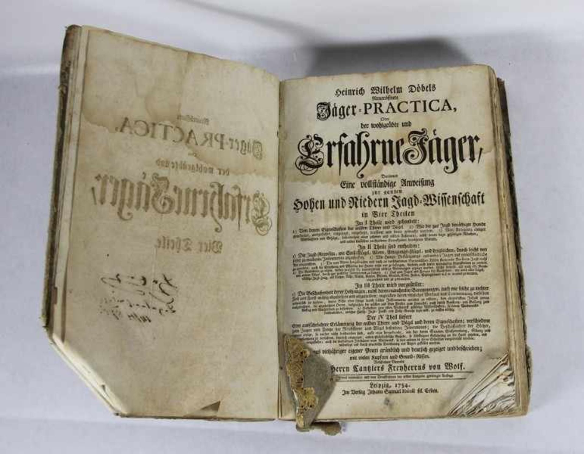 Buch Jäger-Practica1754, Jagdbuch mit zahlreichen Stichen, Heinrich Wilhelm Döbels Neueröffnete