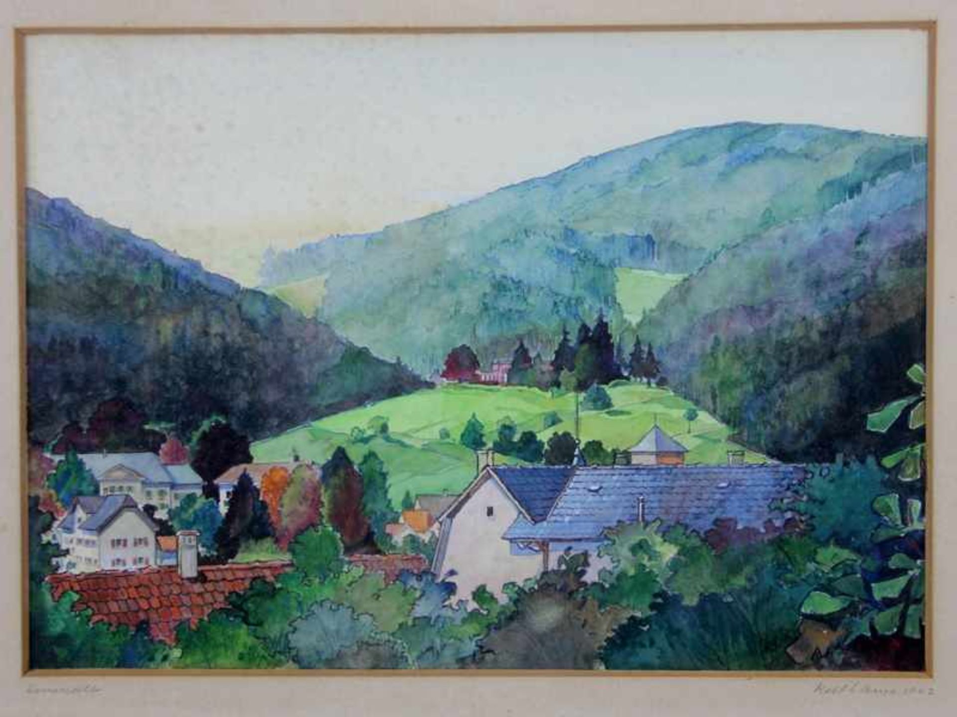Lange, Rolf1942, Aquarell, Herrenalb, Blick über Gabude, bewaldete Berge im Hintergrund, auf