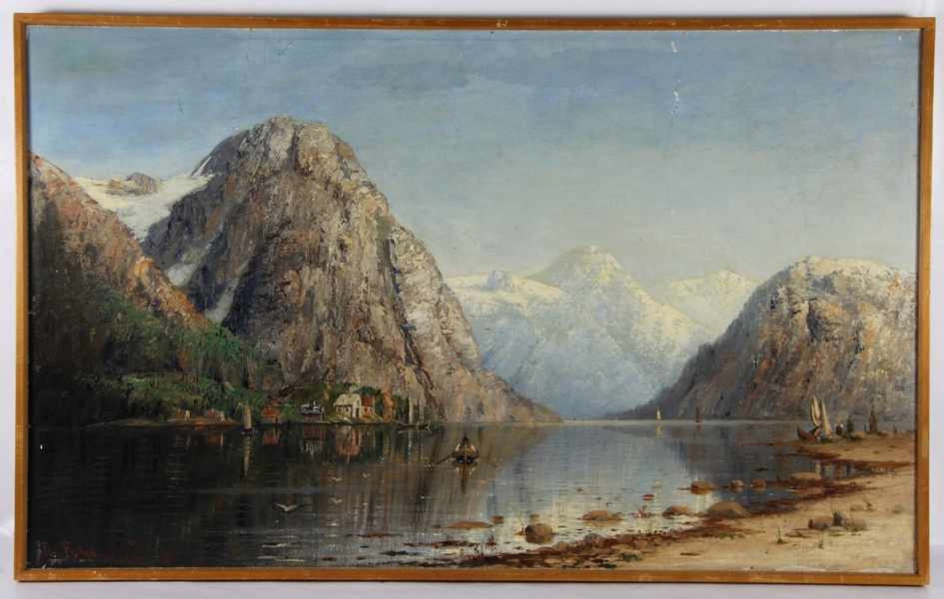Fuchs, Therese1849-1898, sonnige helle Fjordlandschaft, auf dem Wasser ein Ruderer, links am Ufer