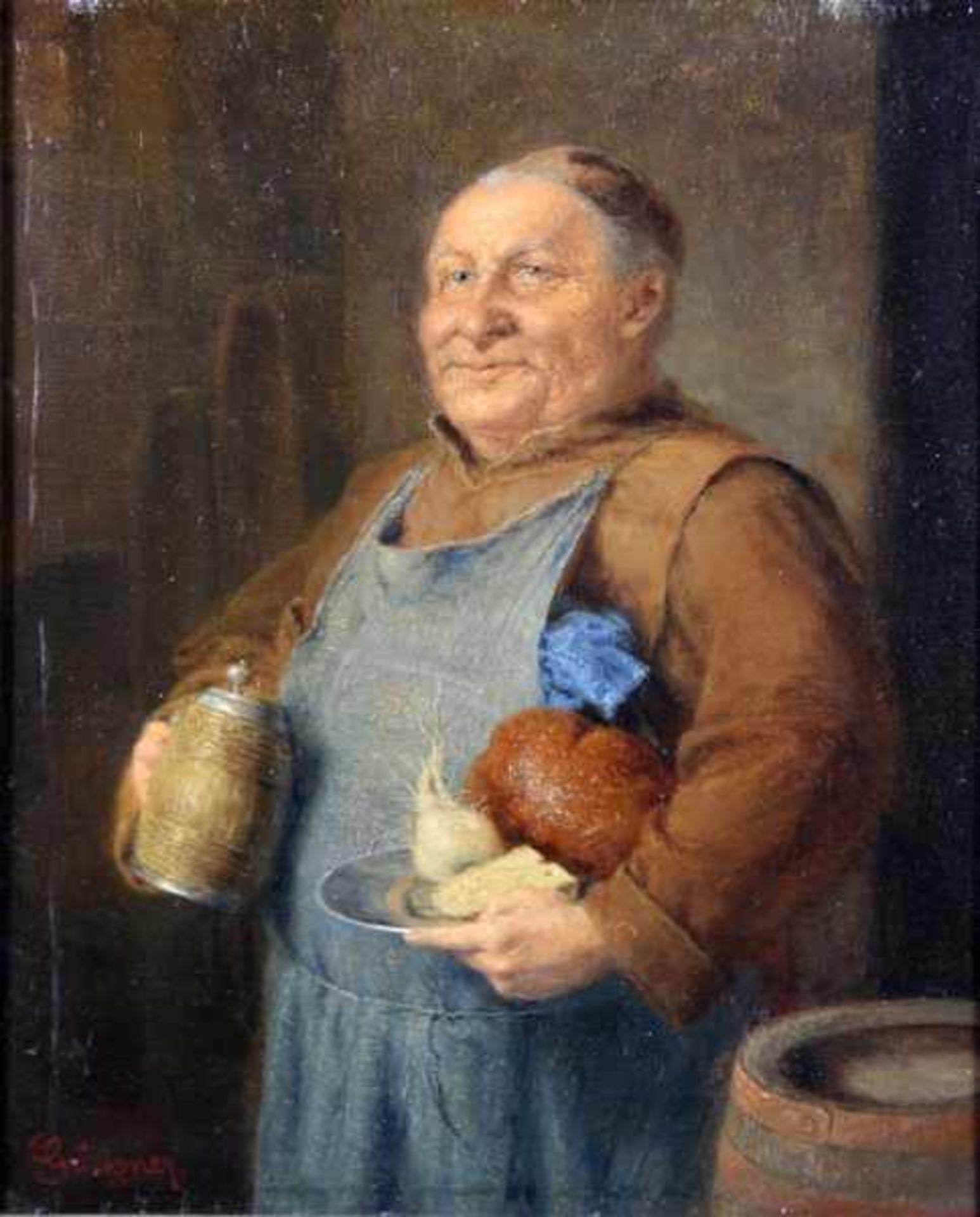 Grützner, Eduard1846-1925, Mönch mit seiner Brotzeit, stehender Mönch, wohl Kellermeister mit