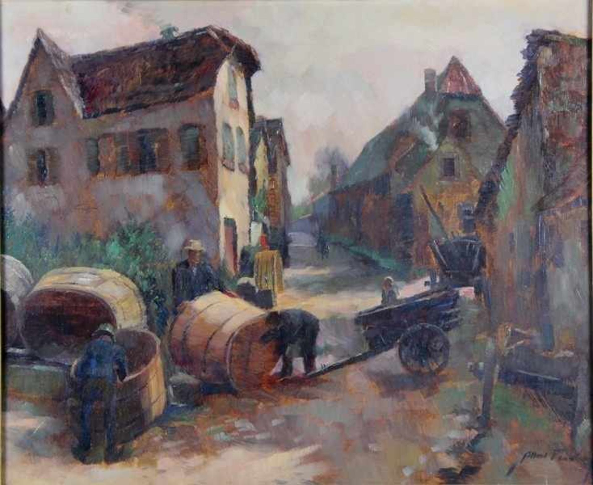 Fessler, Albert1908-1978, Dorf in der Pfalz, einige Männer beim Bauen von Kübeln oder Weinfässern,