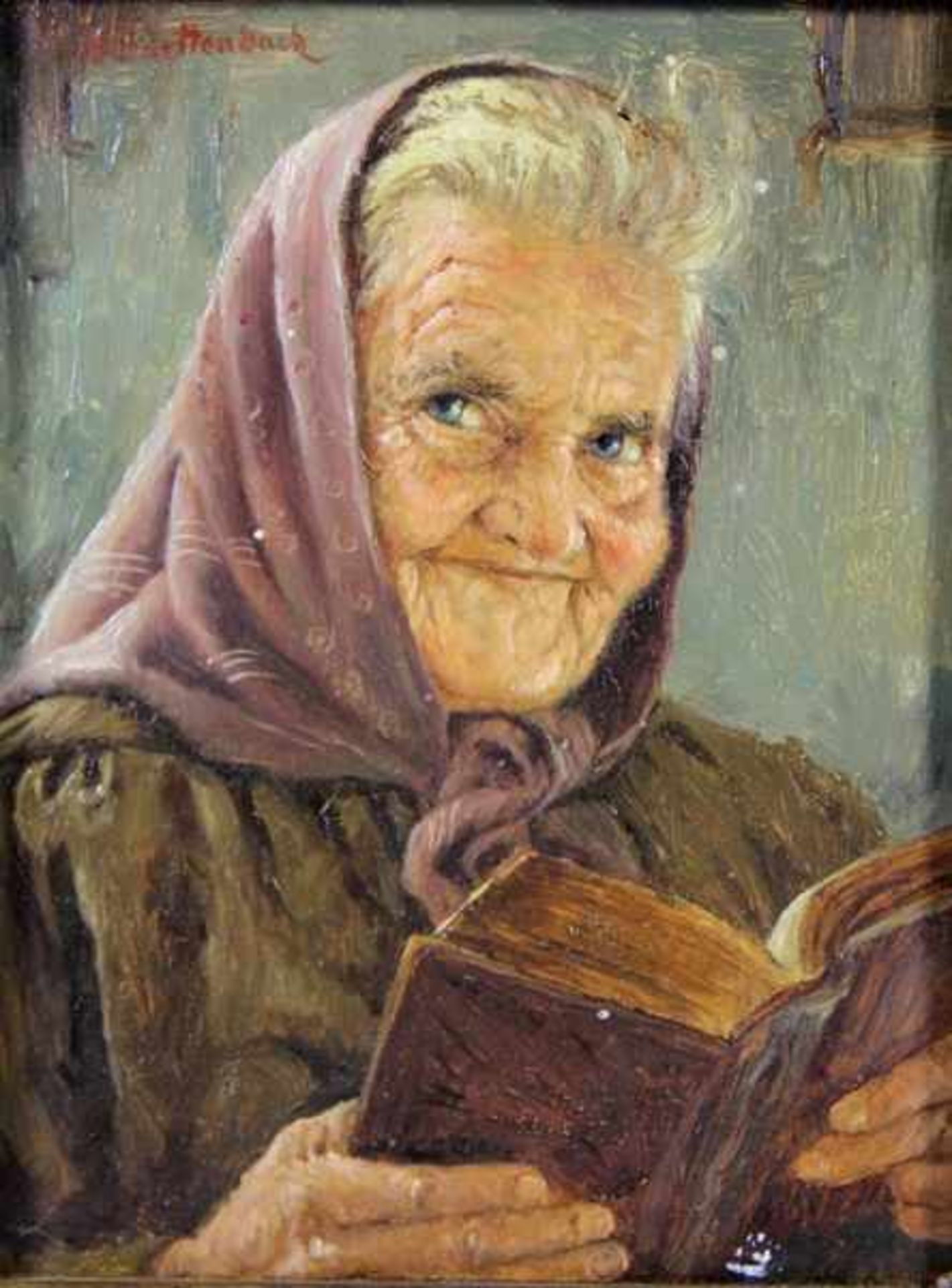 Barttenbach, Hans1908-?, Dreiviertelportrait, Bildnis einer älteren Frau mit Kopftuch, in einem Buch