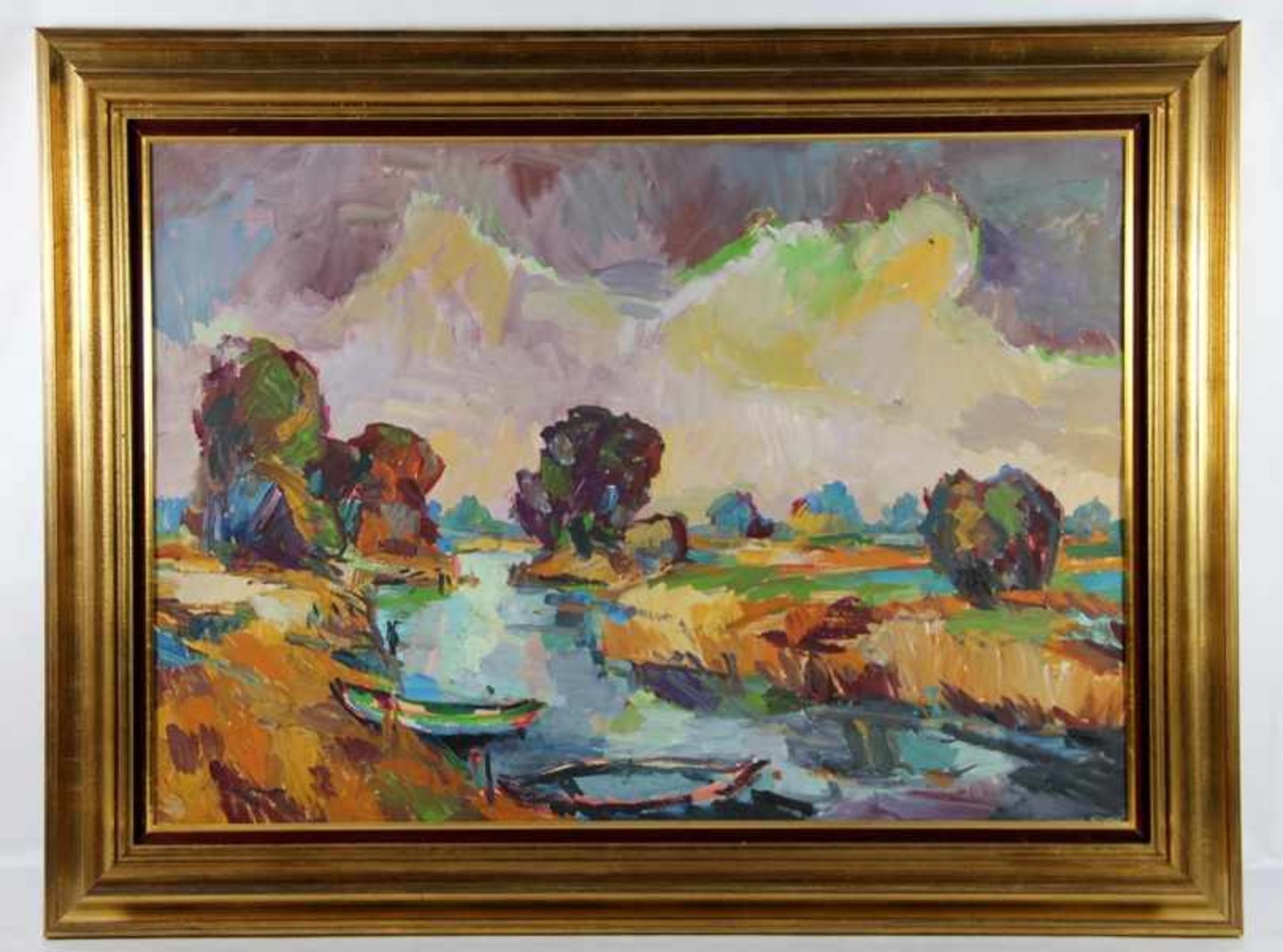 Unbekannter Künstler 20. Jhd., Gouache, Flusslandschaft mit Booten, gestischer Pinselstrich und