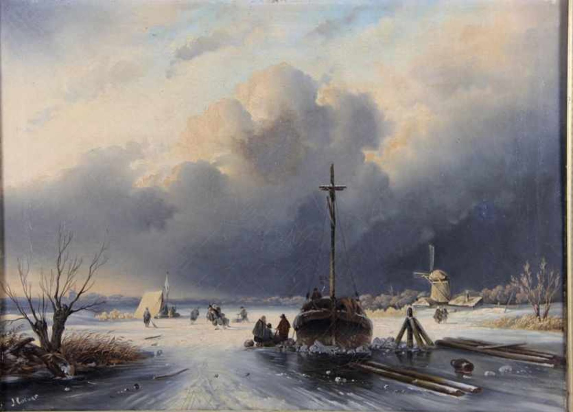 Leickert, Charles; Umkreis/Schule1816-1907, holländische Flusslandschaft im Winter, mittig auf einem