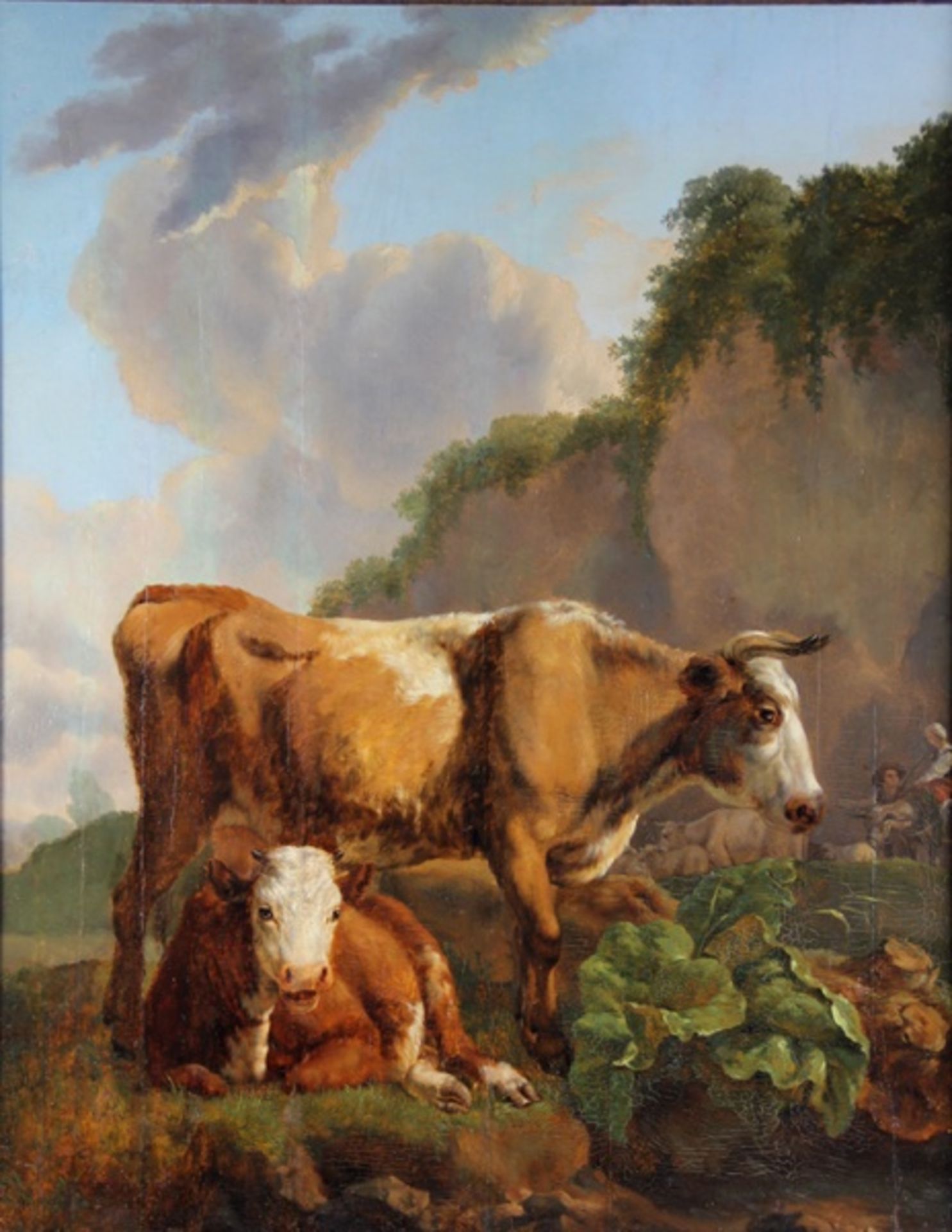 van Stry, Jakob1756-1815, sonnenbeschienene pastorale Szene, Kuh und Bulle, rechts im Hintergrund