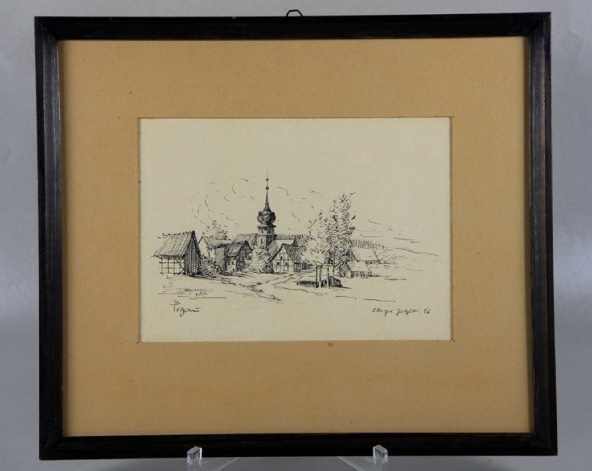 Zeichnung Tegau1946, Tusche/Bleistiftzeichung, Tegau, Blick auf die Kirche mit umstehenden