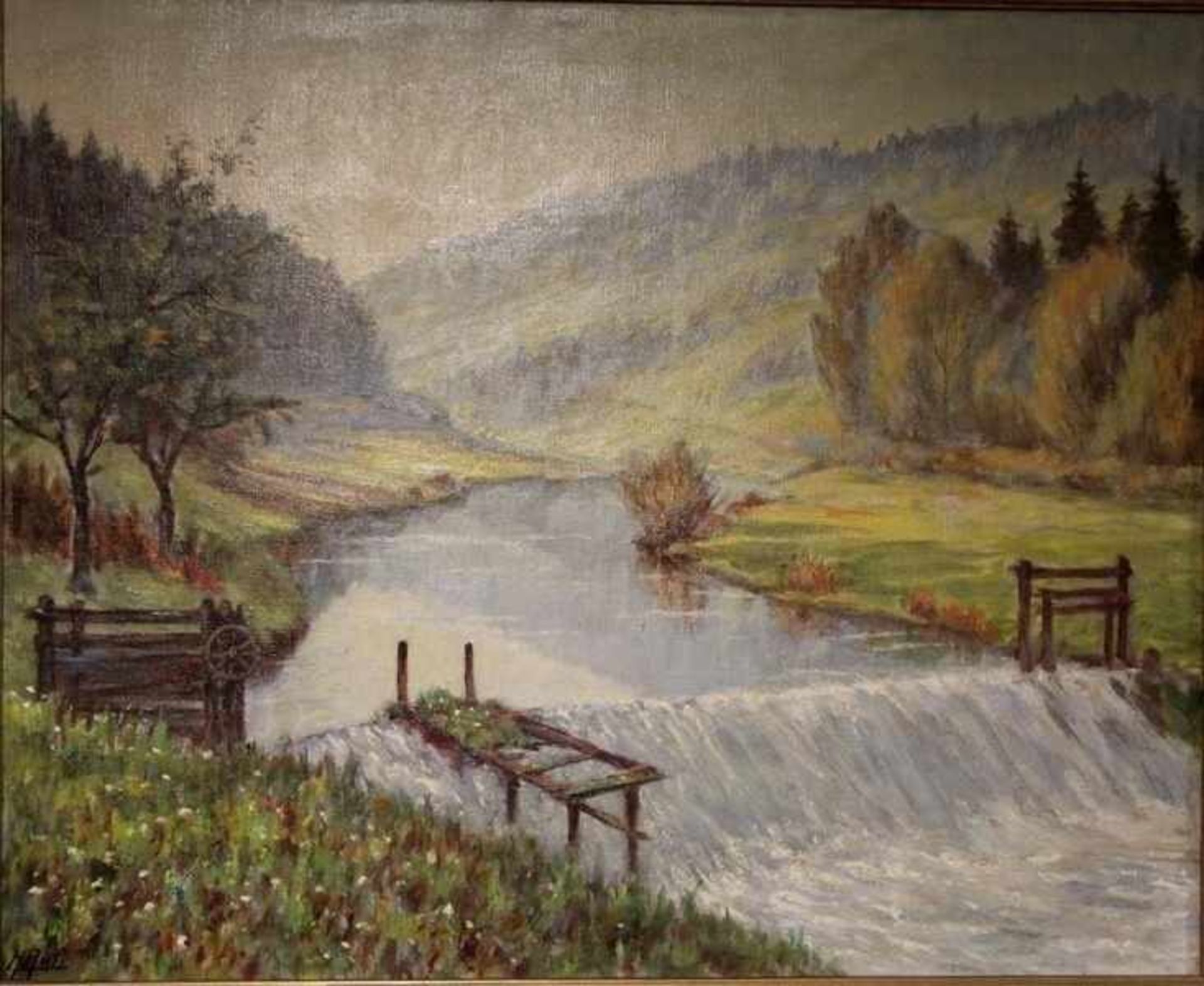 Ruf, Hermann1882-1970, Herbstanfang im Würmtal, Häckermühle, Landschaft mit Würm, unten links