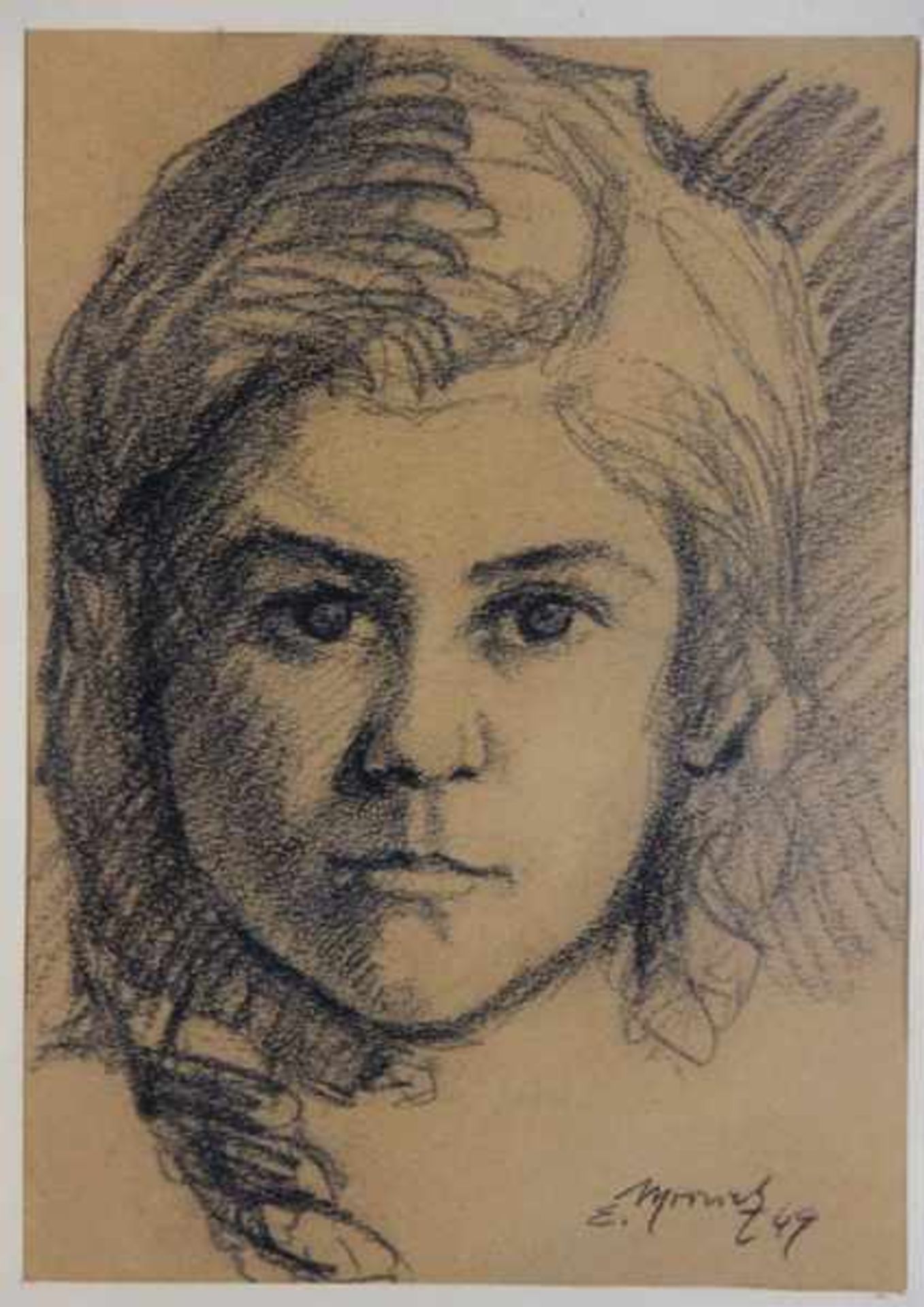 Mrowetz, Emil1913-2007, Kohlezeichnung, en face-Portrait eines Mädchens, unten rechts sign. u.