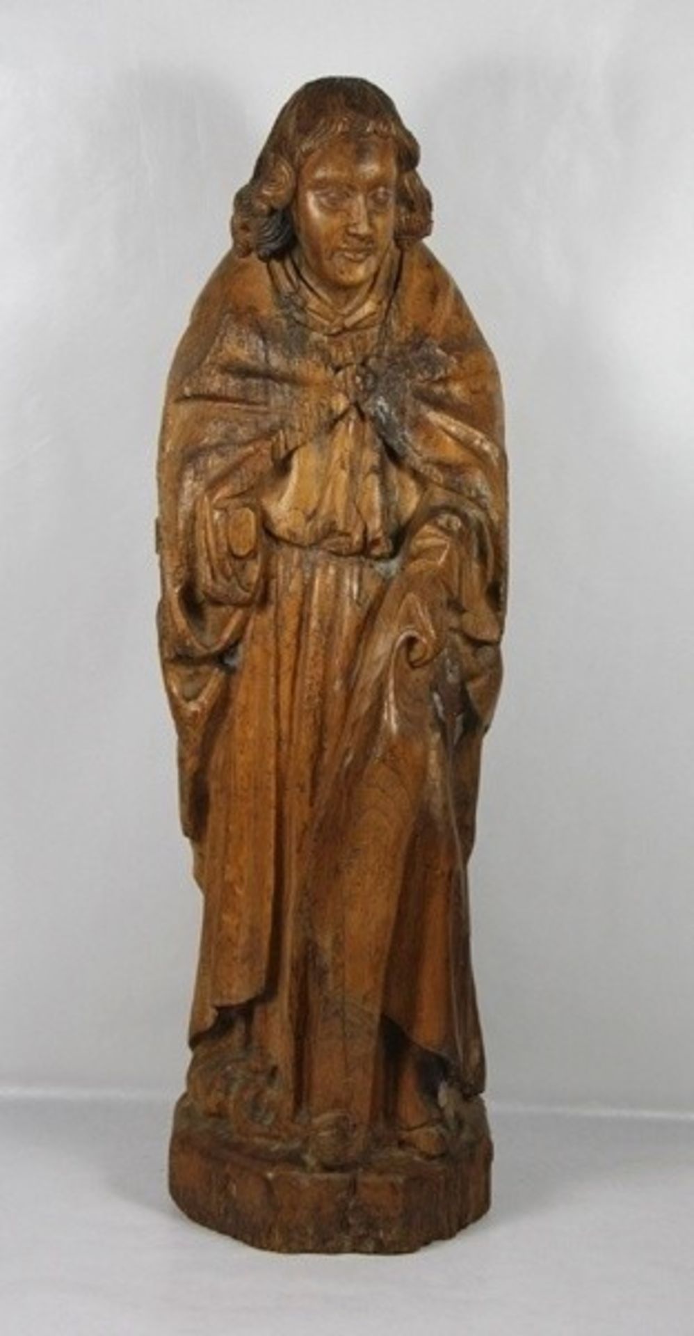 Holzskulpturum 1600, große beschnitzte Heiligenfigur , die rechte Hand fehlt, restaur., H. 78 cm
