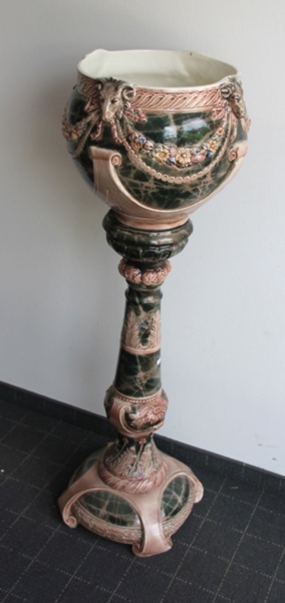 Blumensäule mit Cachepotum 1900, womöglich Villeroy & Boch, Keramik, Blumensäule mit großem