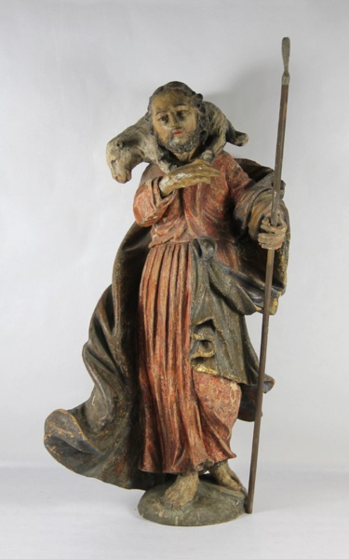 Barockskulptur Jesus mit Lamm17. Jhd., Barockskulptur Der gute Hirte, Holz geschnitzt u. polychrom