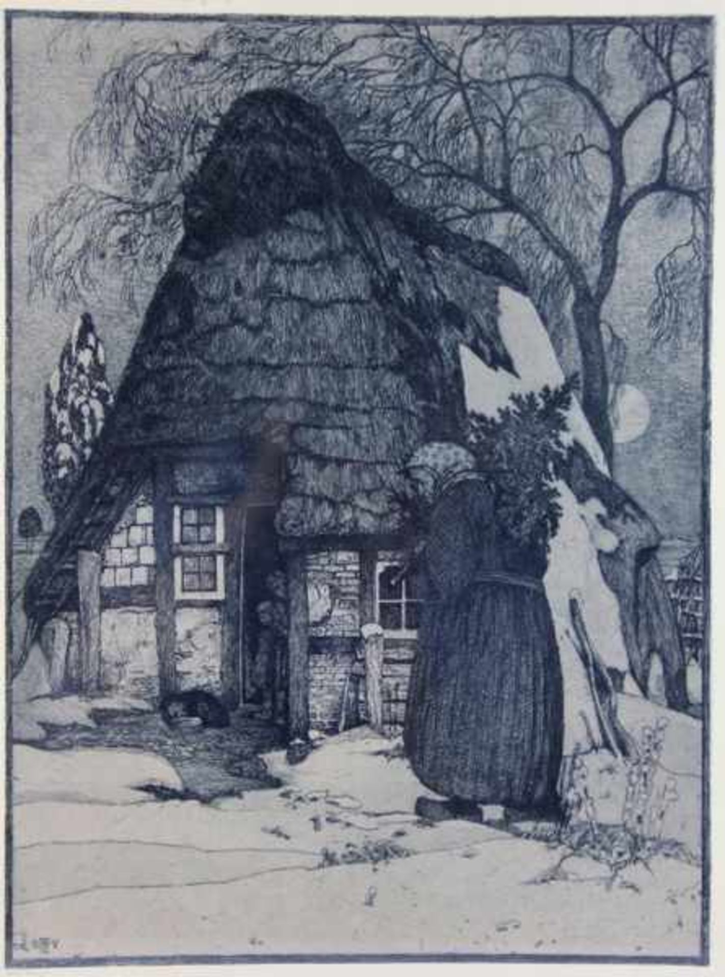 Vogeler, Heinrich1872-1942, Aquatintaradierung, Weihnachten, alte Frau mit einem Christbaum vor