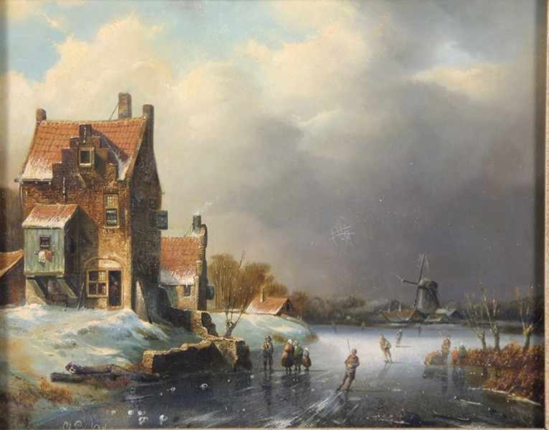 Leickert, Charles1816-1907, holländische Winterlandschaft, auf einem zugefrorenen Fluss einige