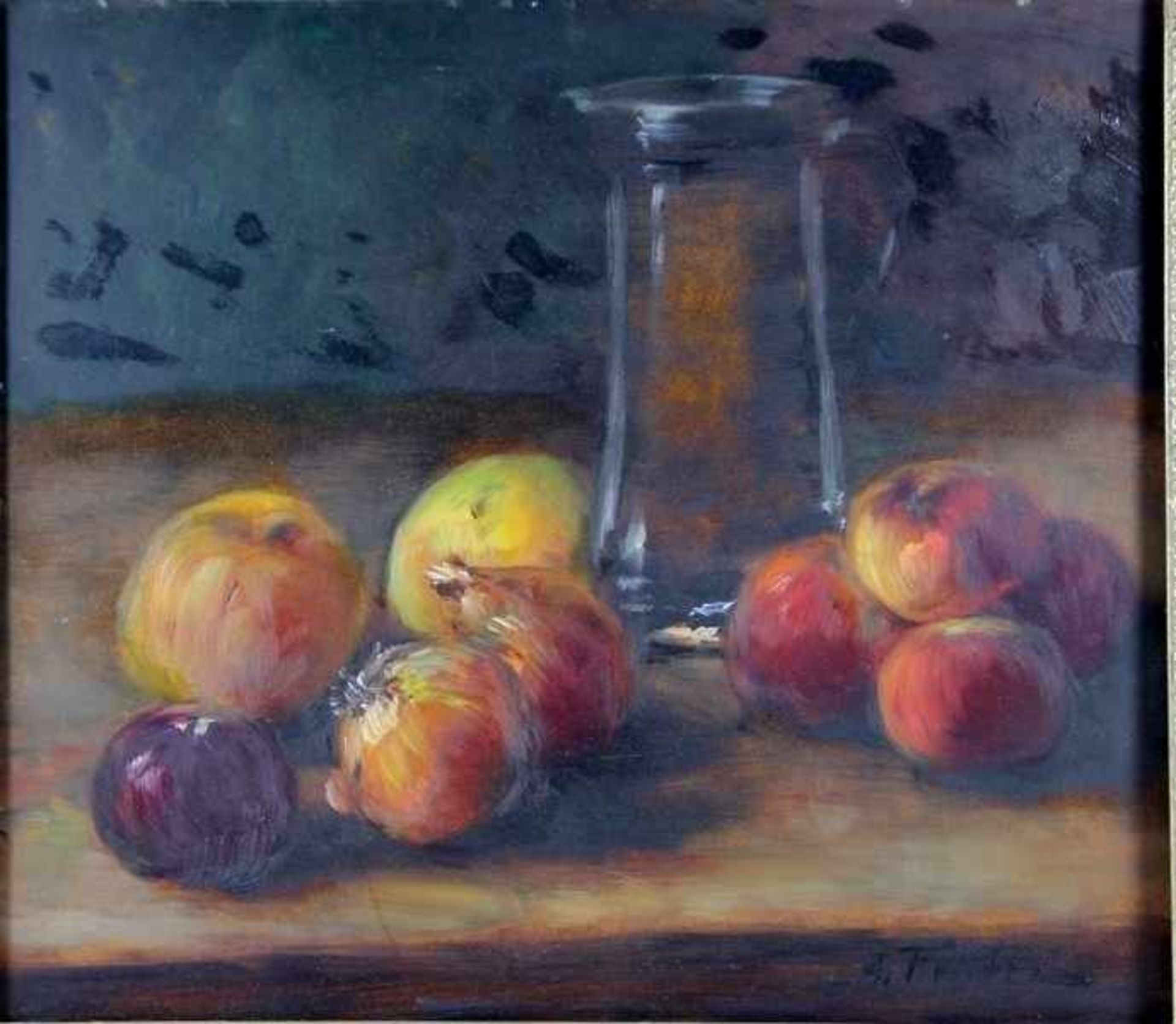 Fessler, Albert1908-1978, Stillleben, Äpfel und Zwiebeln auf einem Tisch vor einem Glaskrug, unten
