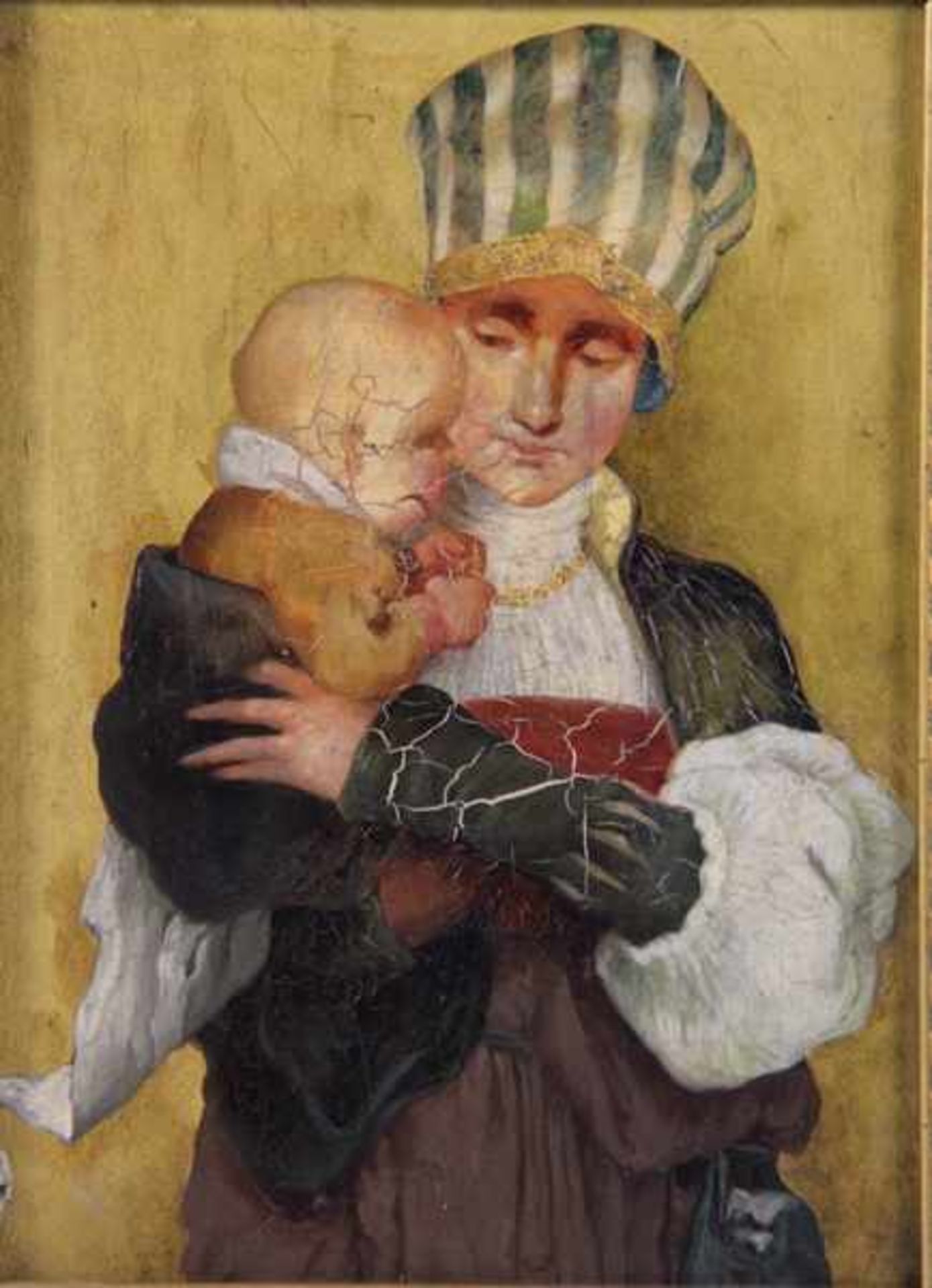 Unbekannter Künstler19. Jhd., Frau in edler Tracht, einen Säugling auf dem Arm, goldfarbener