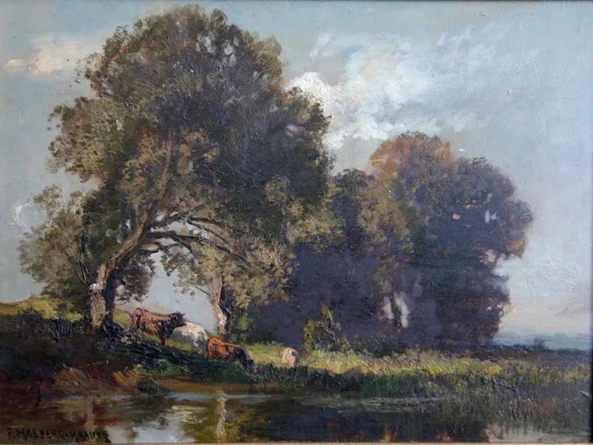 Halberg-Krauss, Fritz1874-1951, sommerliche Landschaft, einige Kühe am Ufer eines Gewässers,