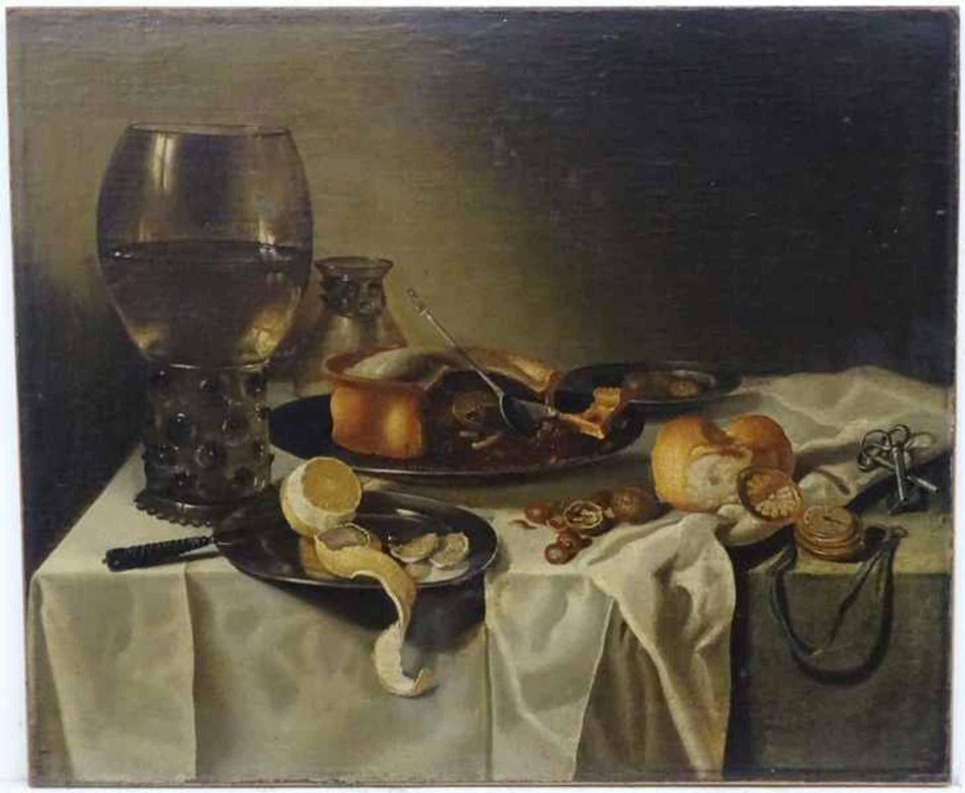Heda, Willem Claesz.; Umkreis1594-1680/82, Stillleben mit Pastete, Brötchen, einer Zitrusfrucht