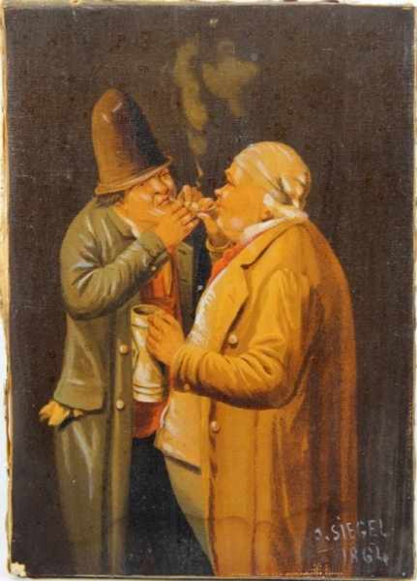 ÖldruckÖldruck, Motiv nach einem Gemälde, 2 rauchende Männer, unten rechts bez. Siegel 1864, H.