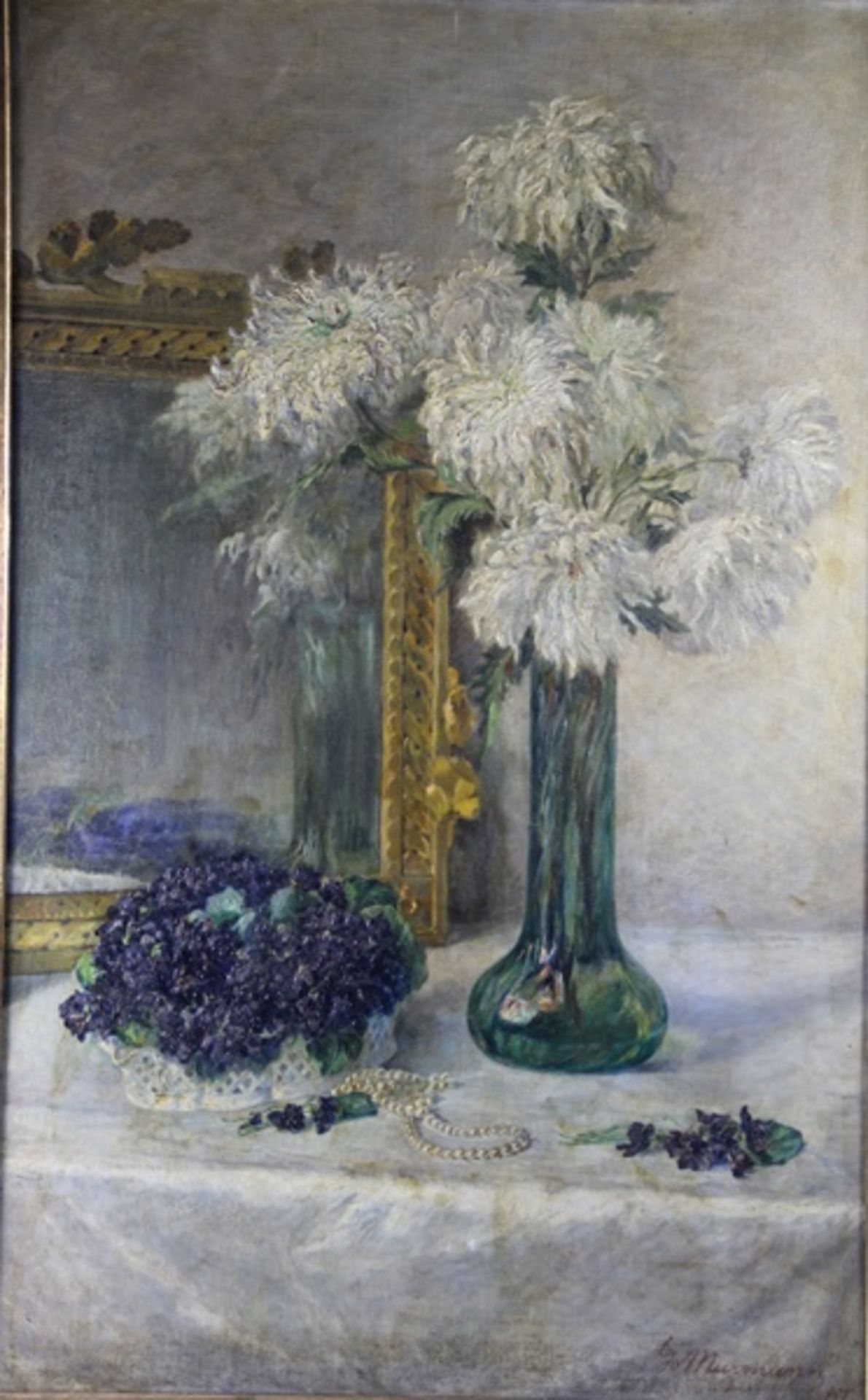 Murmann, Goos1869-1945, großformatiges Blumenstillleben in hellem Interieur, weiße Chrysanthemen