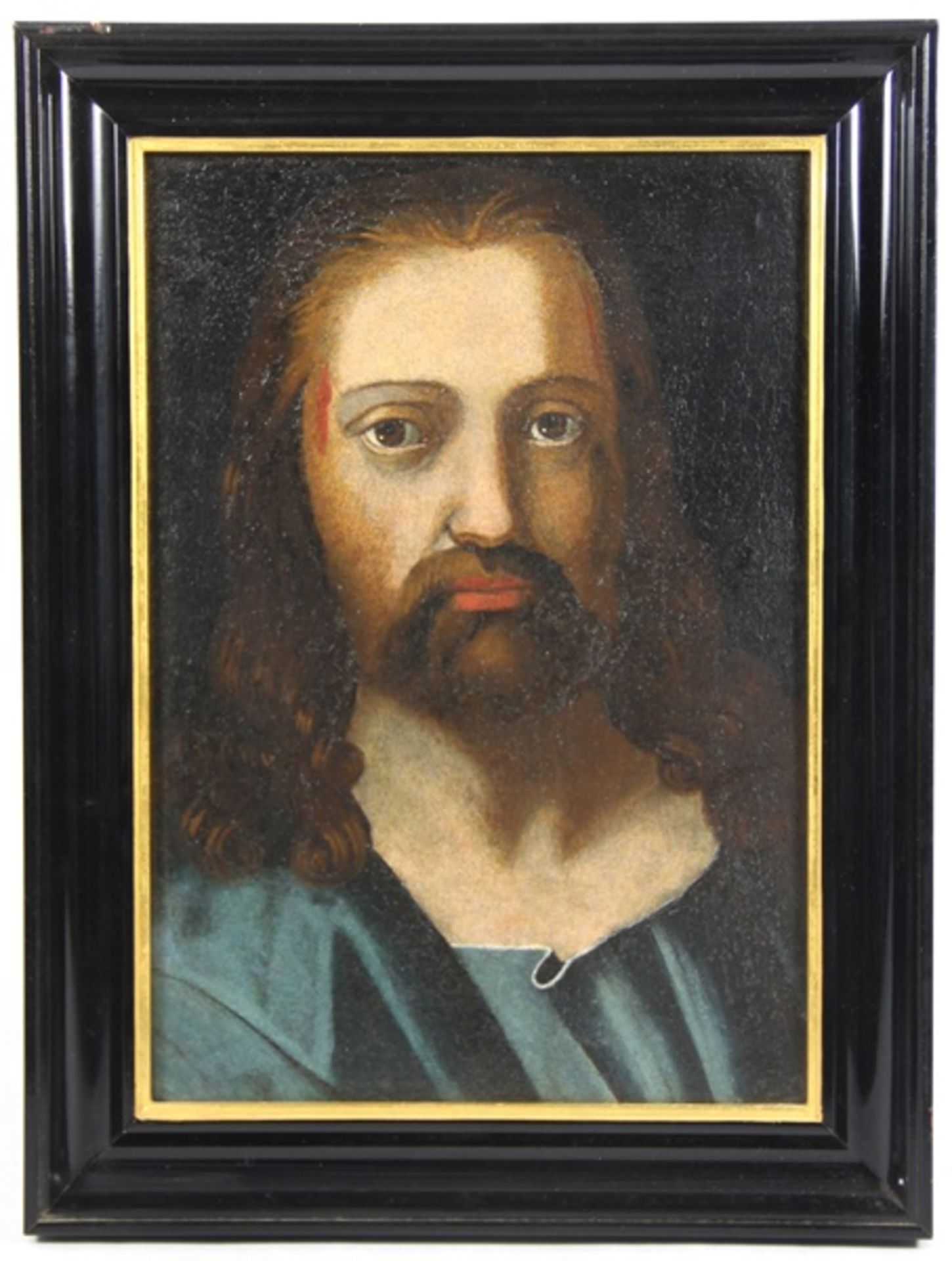 Christusportrait17. Jhd., en face-Bildnis Christi mit blauem Gewand und 2 kleinen blutenden
