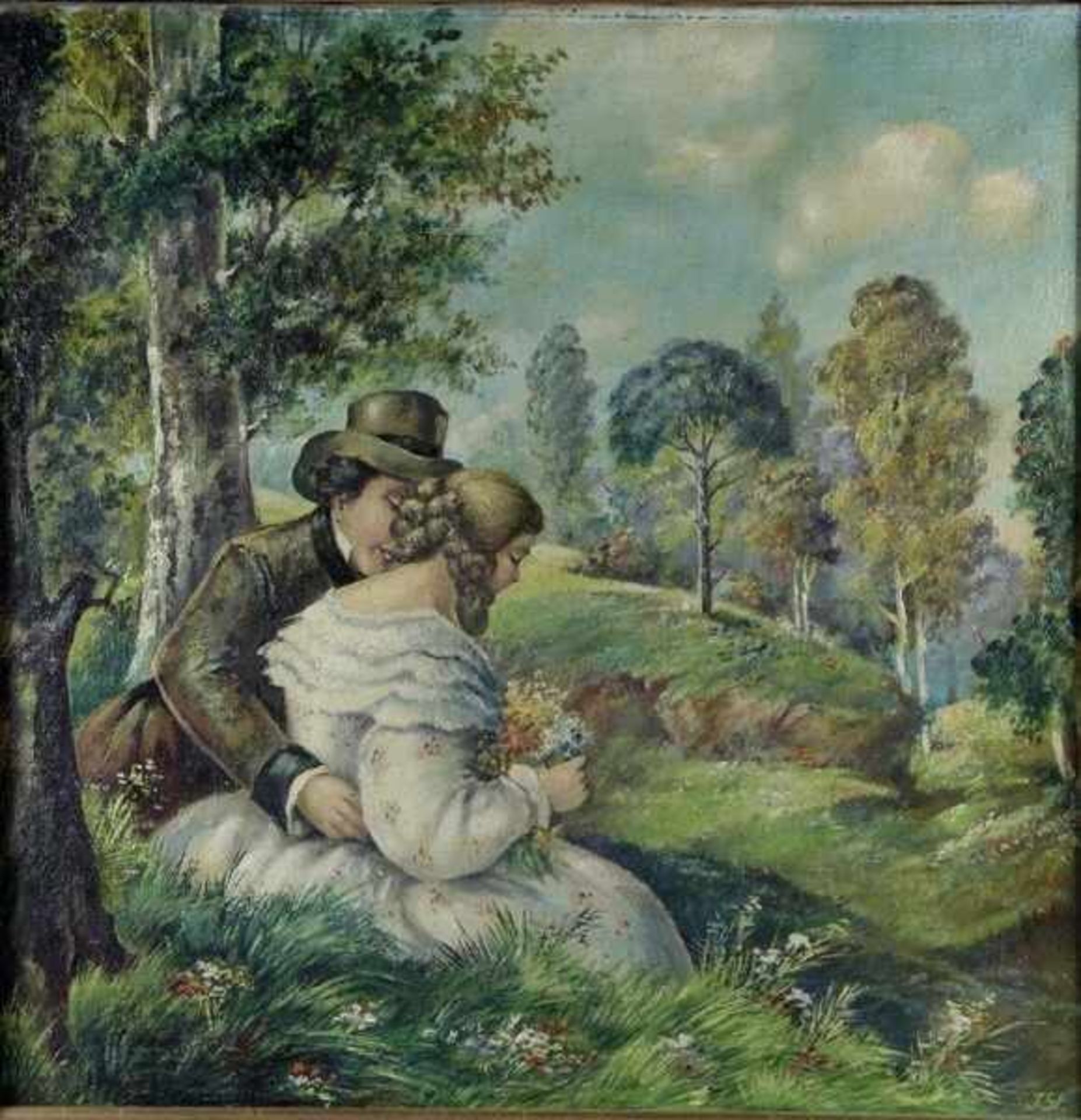Unbekannter Künstleridyllische Szene mit einem Liebespaar, unter einem Baum sitzend, unten rechts