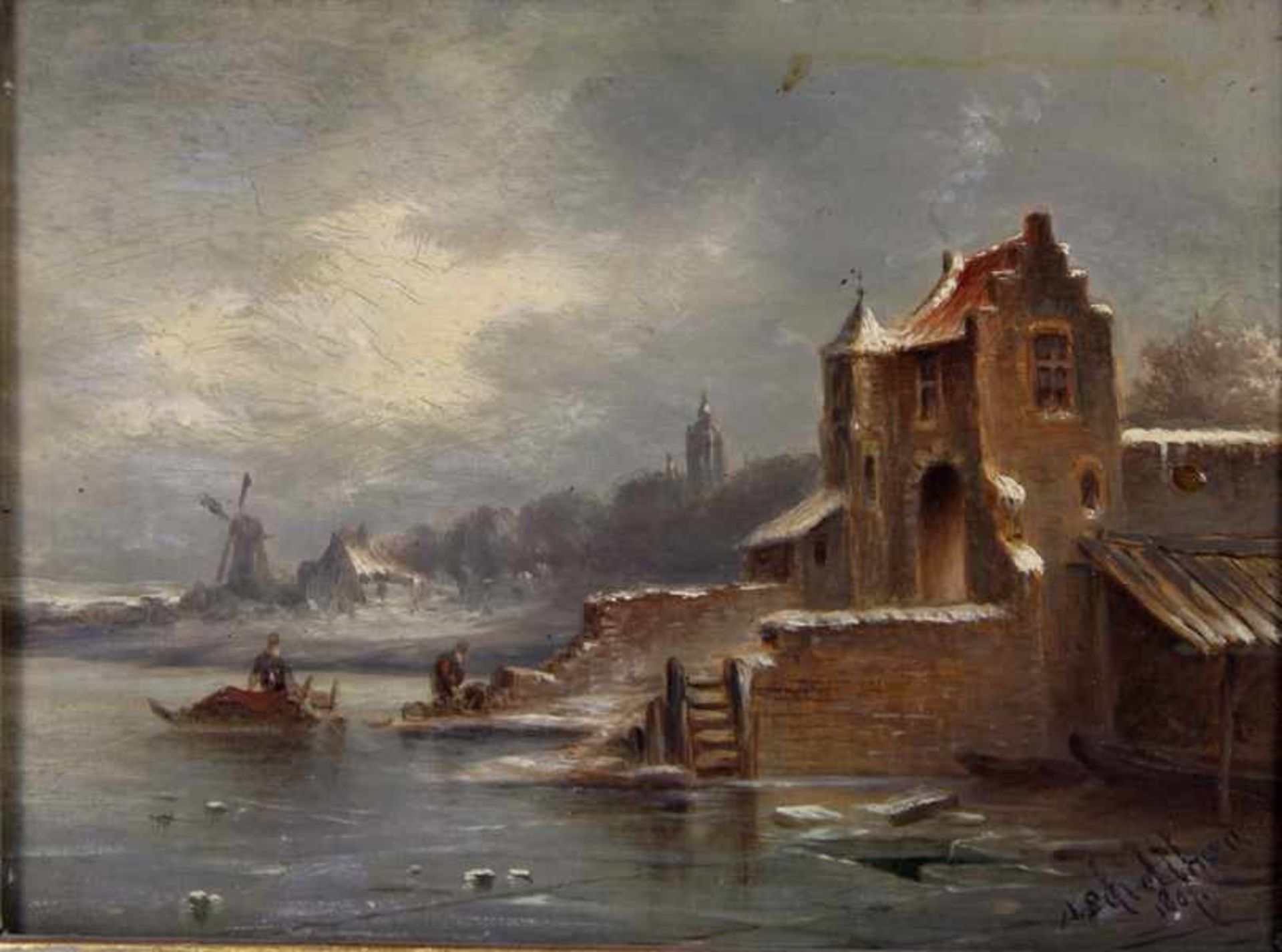 Schelfhout, Andreas; Umkreis oder Schule1787-1870, holländische Winterlandschaft, am Ufer eines