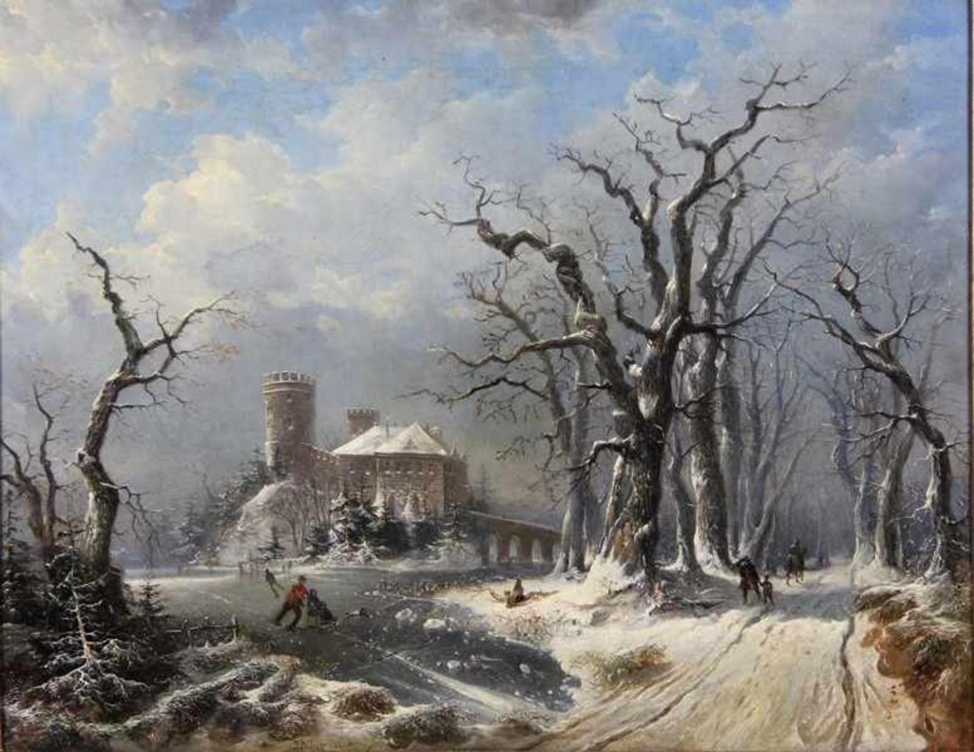 Klombeck, Johann Bernhard1815-1893, Burg Frankenberg bei Aachen, verschneite Flusslandschaft, auf
