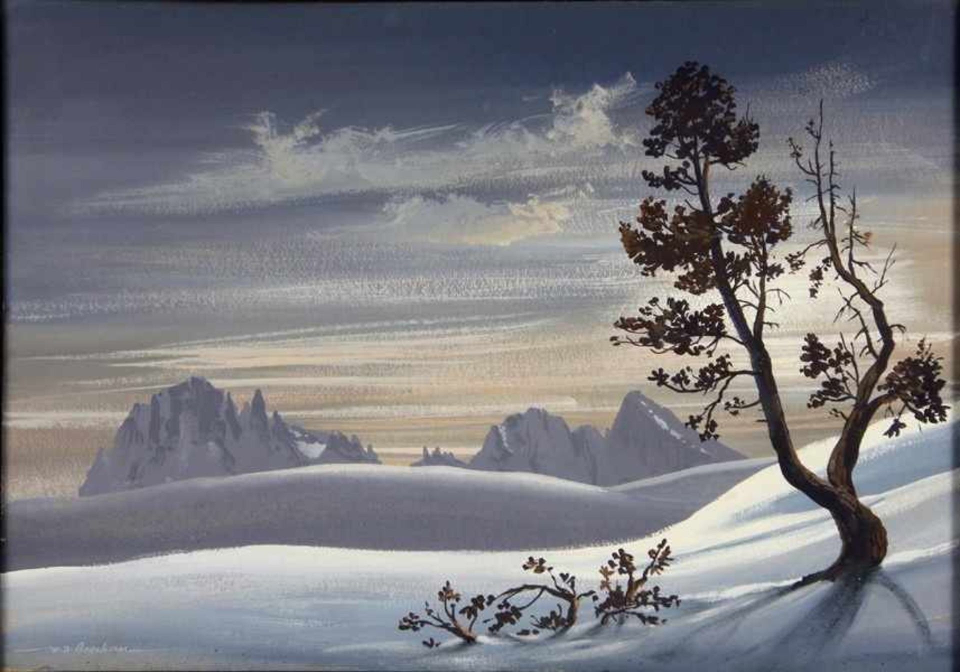 Boschan, Walter Josef1911-1984, Gouache, Winterabend a. d. Seiseralm, verschneite Berglandschaft,