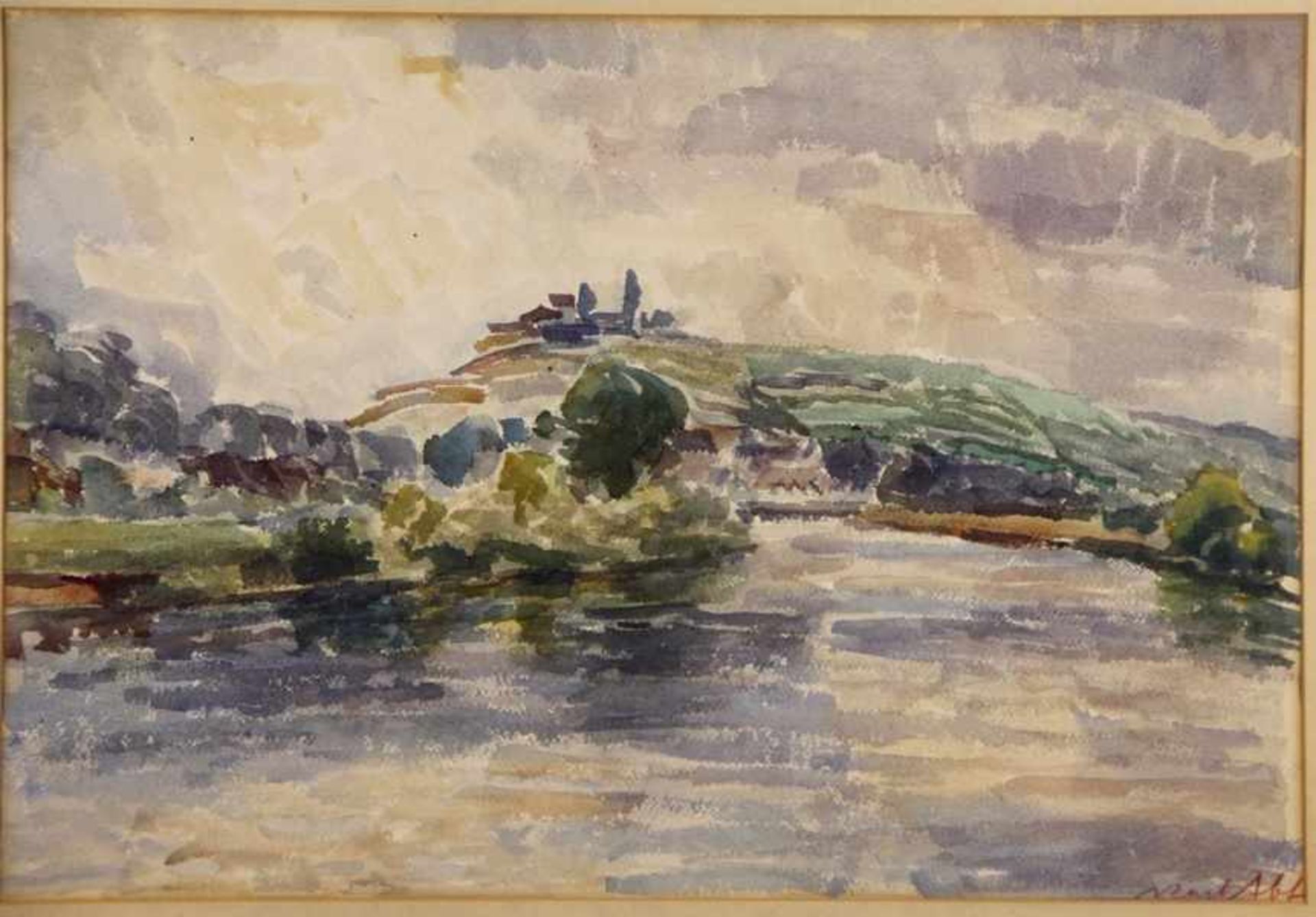 Abt, Karl1899-1985, Aquarell, hügelige Flusspartie, am Ufer Gebäude, unten rechts sign. mit Karl