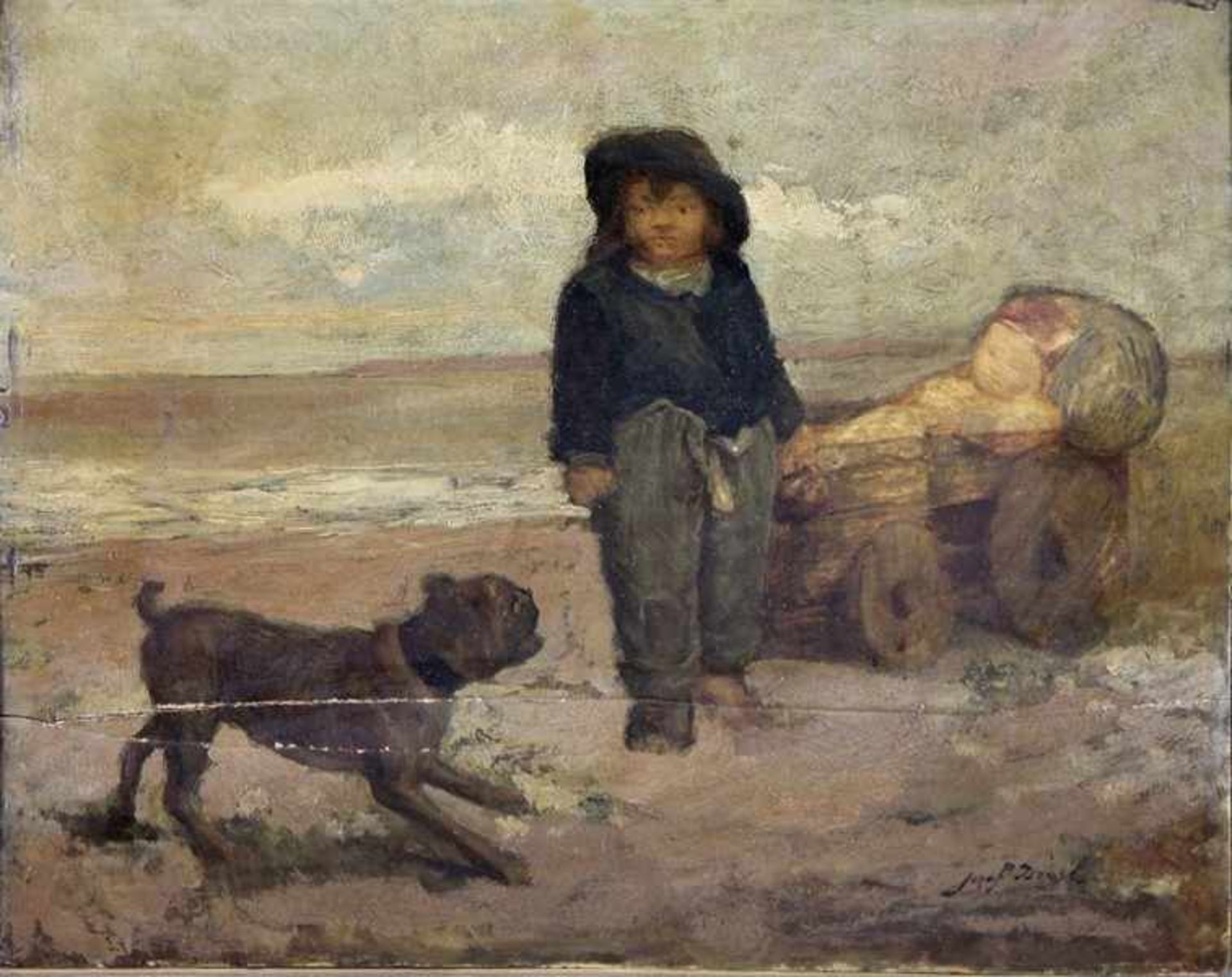 Israels, Jozef; zugeschr.1824-1911, Kinder mit Hund in den Dünen, rechts ein schlafender Säugling