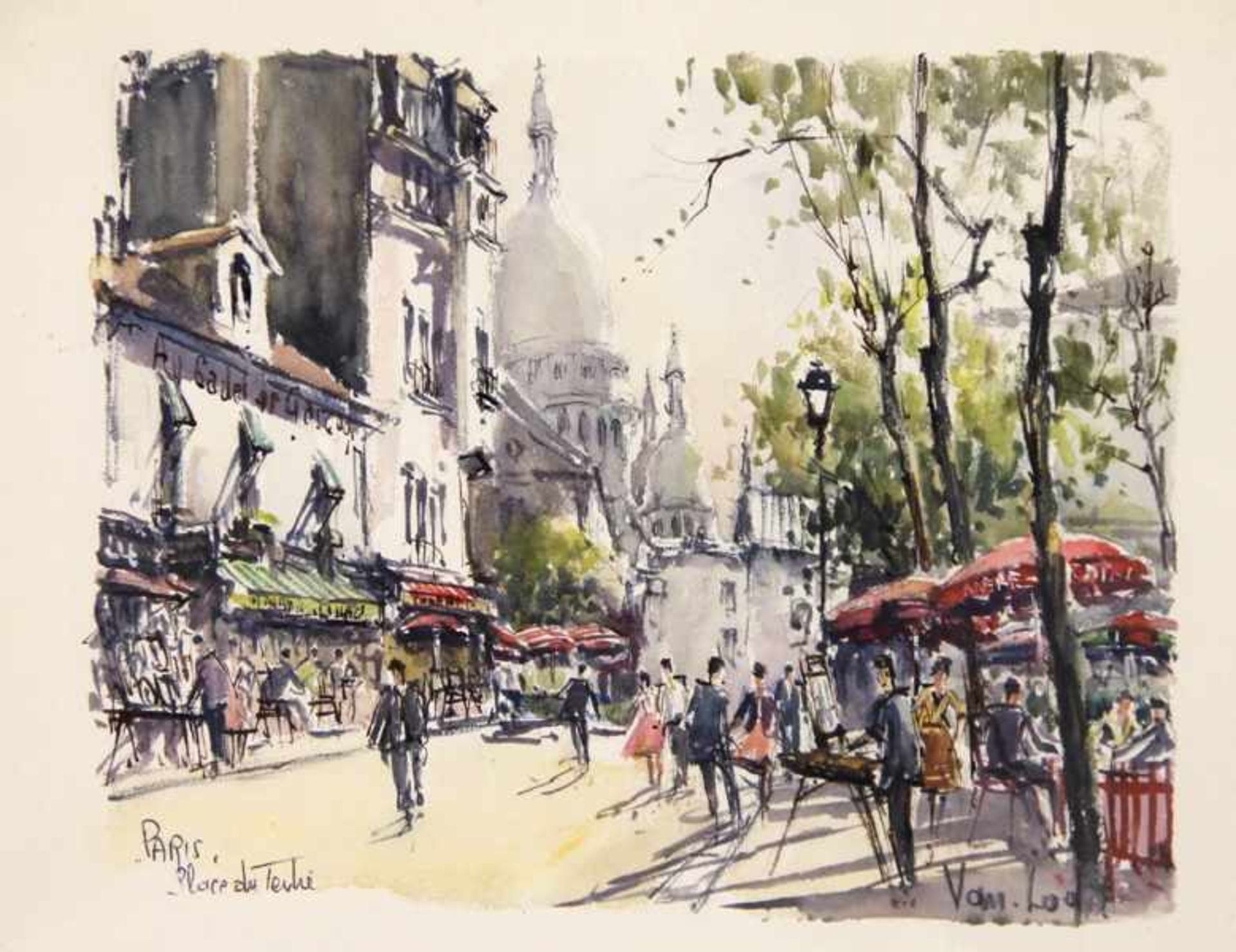 Unbekannter Künstler20. Jhd., Aquarell/Mischtechnik, Paris, Place du Tertre mit buntem Treiben,