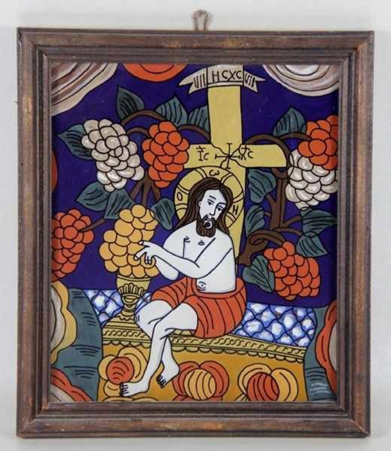 Hinterglasbildwohl Rumänien, sitzender Christus umgeben von Weinstöcken mit Trauben, hinter ihm