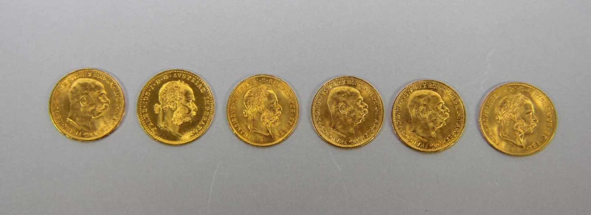 Konvolut österr. Goldmünzen900er und 986er GG, 6 Goldmünzen Österreich je mit versch. Profilen