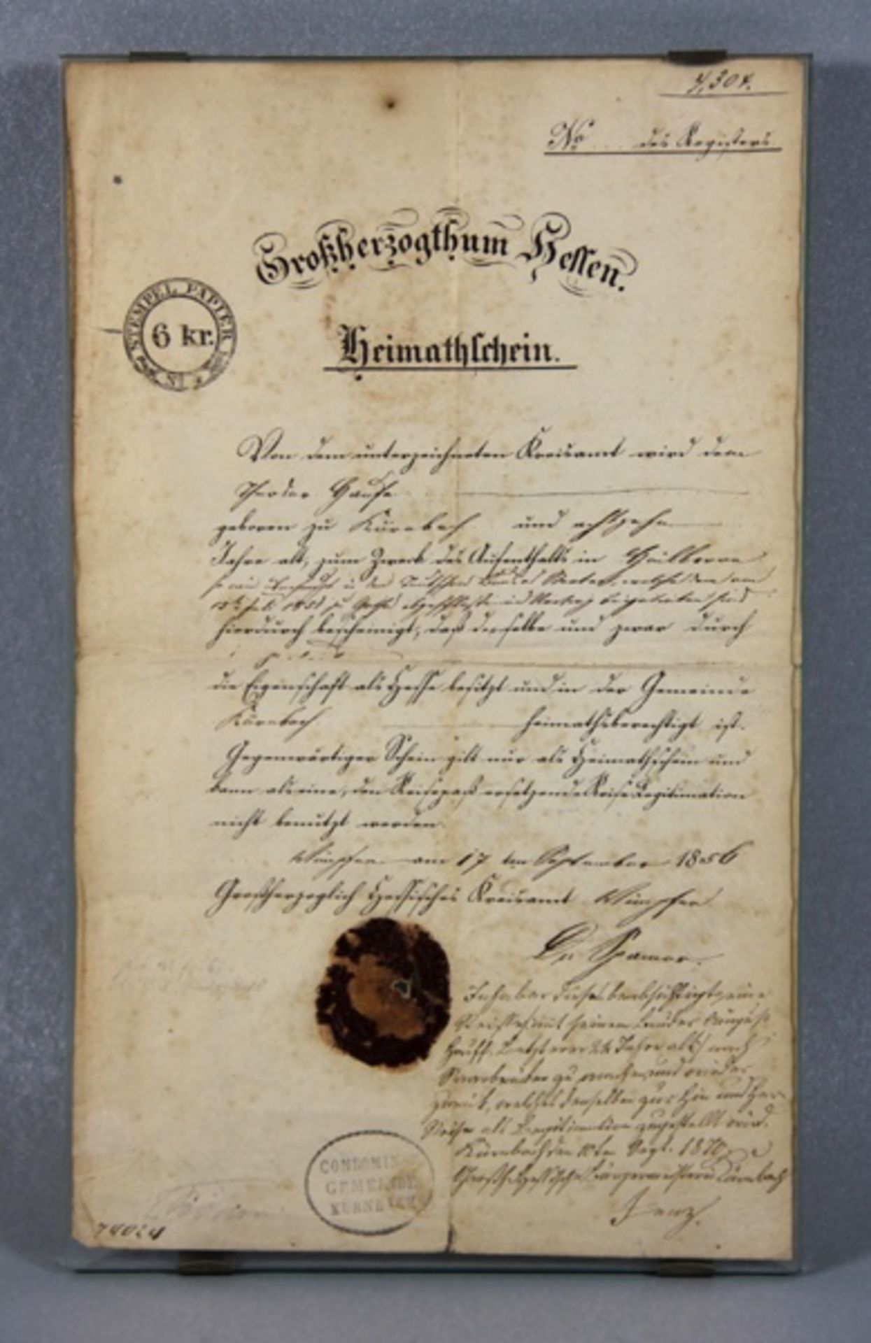 Heimatschein Großherzogtum Hessen1850er/60er Jahre, Großherzogtum Hessen Heimtaschein, Front mit