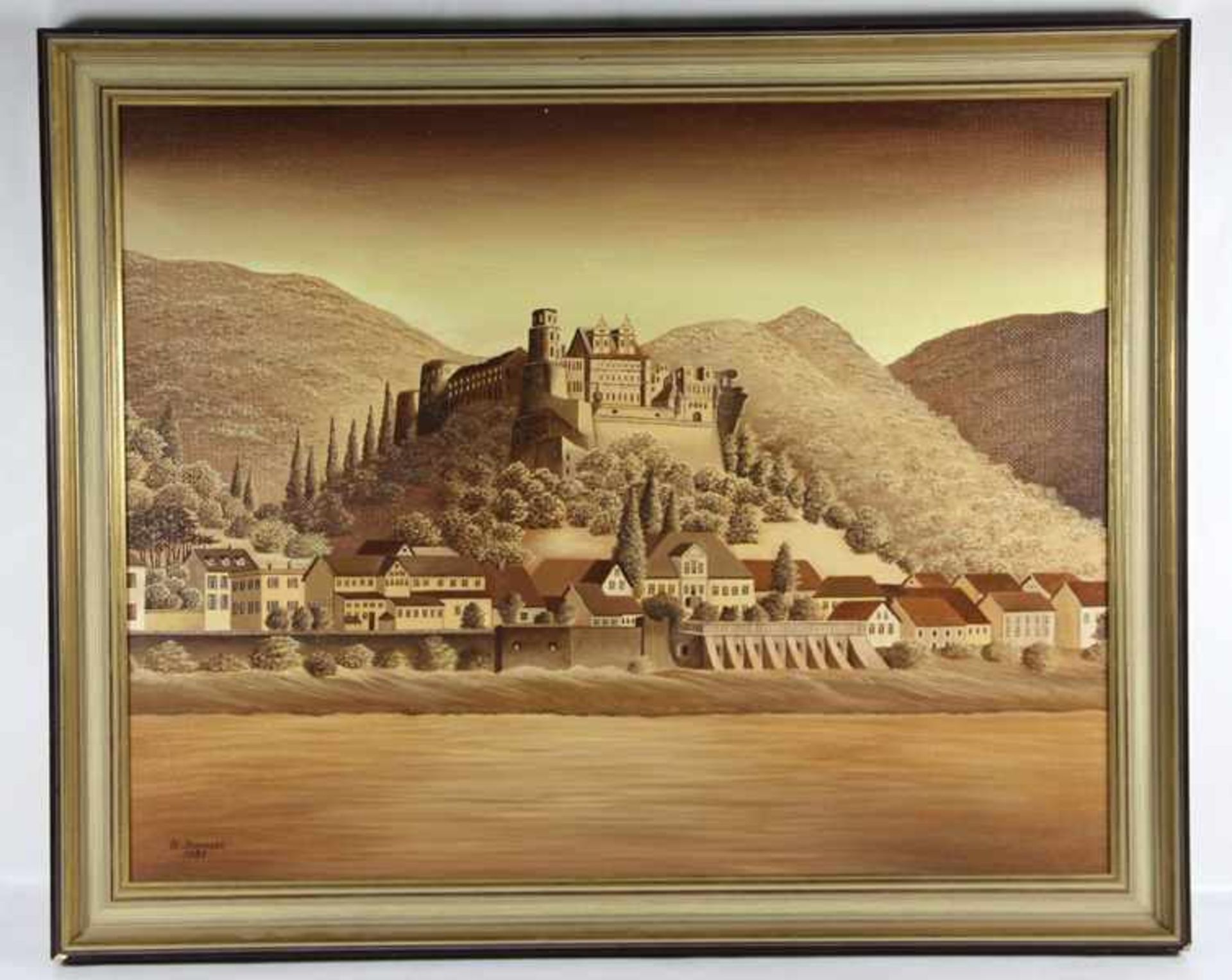 Unbekannter Künstler20. Jhd., Blick auf das Heidelberger Schloss über den Neckar hinweg, unten links