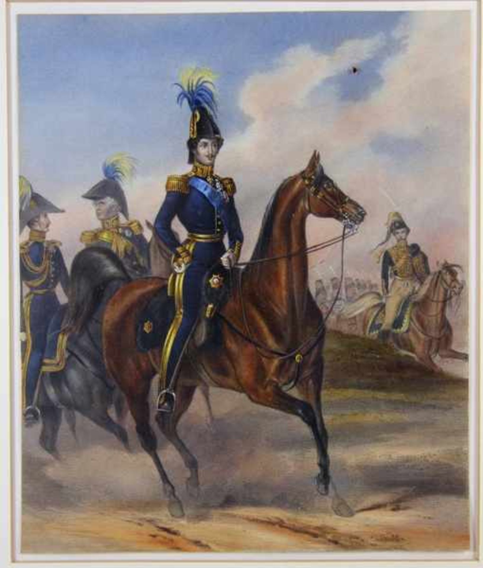 Uniformgraphik19. Jhd., schön kolorierte Graphik mit Offizieren zu Pferde, im Hintergund weitere