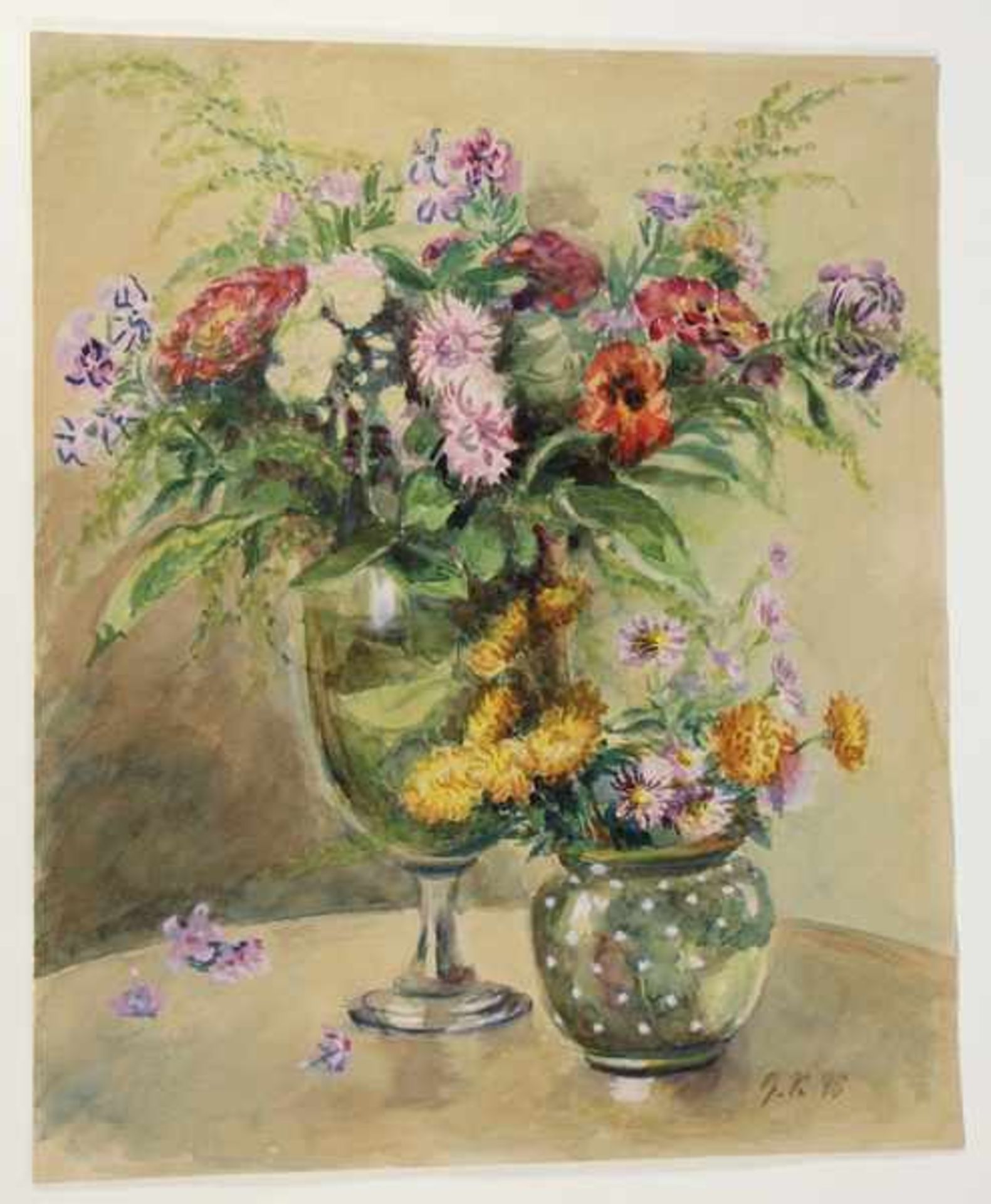Unbekannter Künstler1946, Aquarell, Stillleben mit 2 bunten Blumensträußen, unten rechts monogr.,