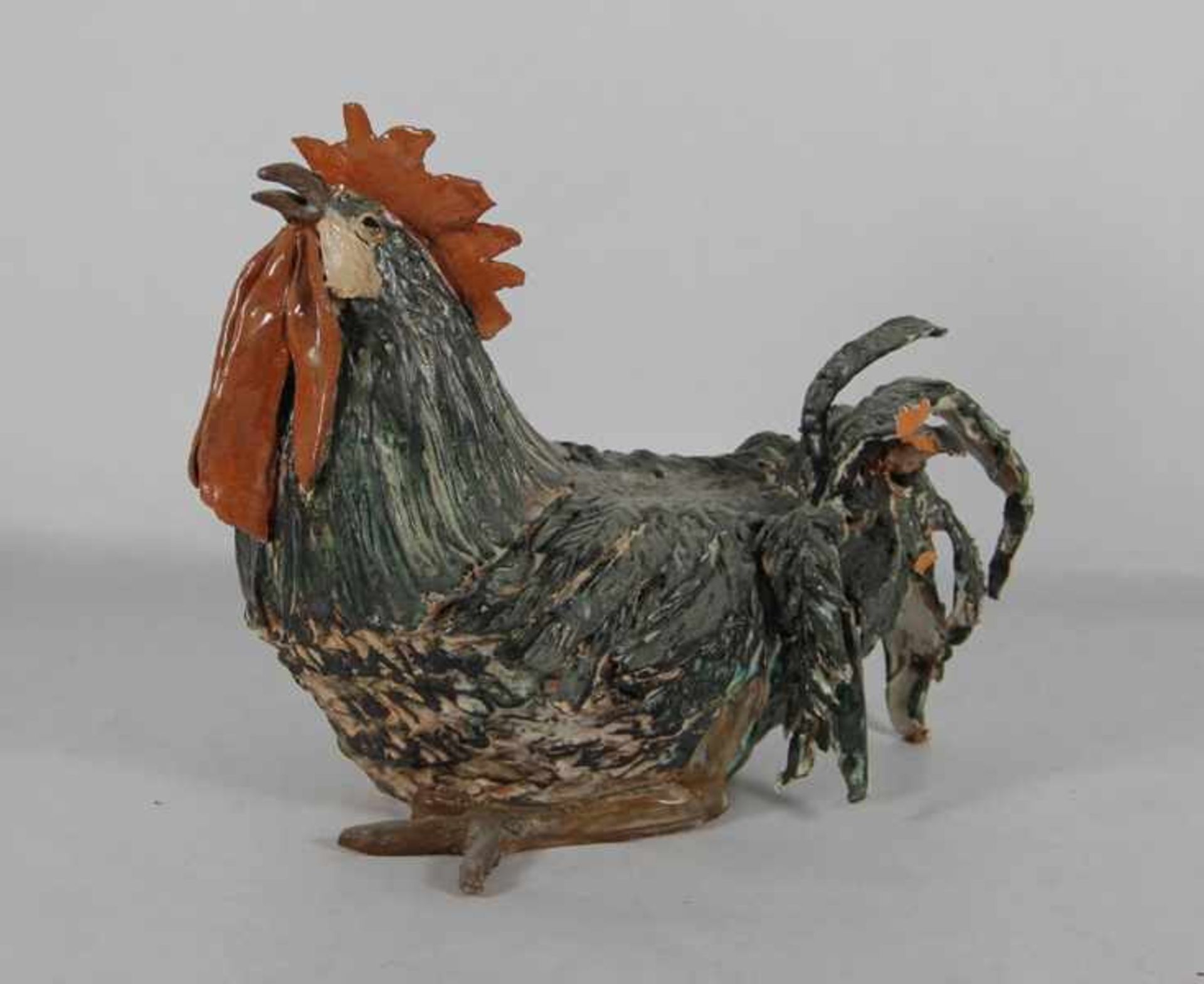 Terracotta-Hahnzeitgenössisch, Terracottaplastik eines Hahns, verschiedenfarbig glasiert, Gebr.