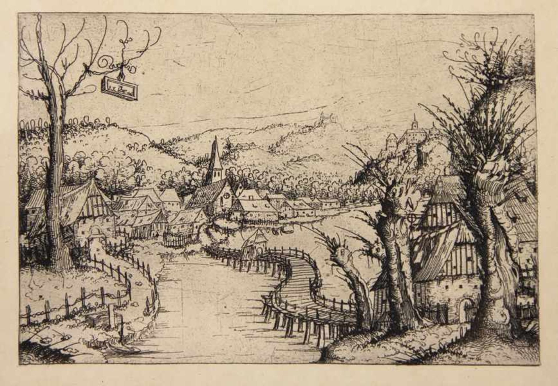 Unbekannter KünstlerGraphik einer Landschaft mit Kanal, Weiden und Gebäuden, nach einem Alten