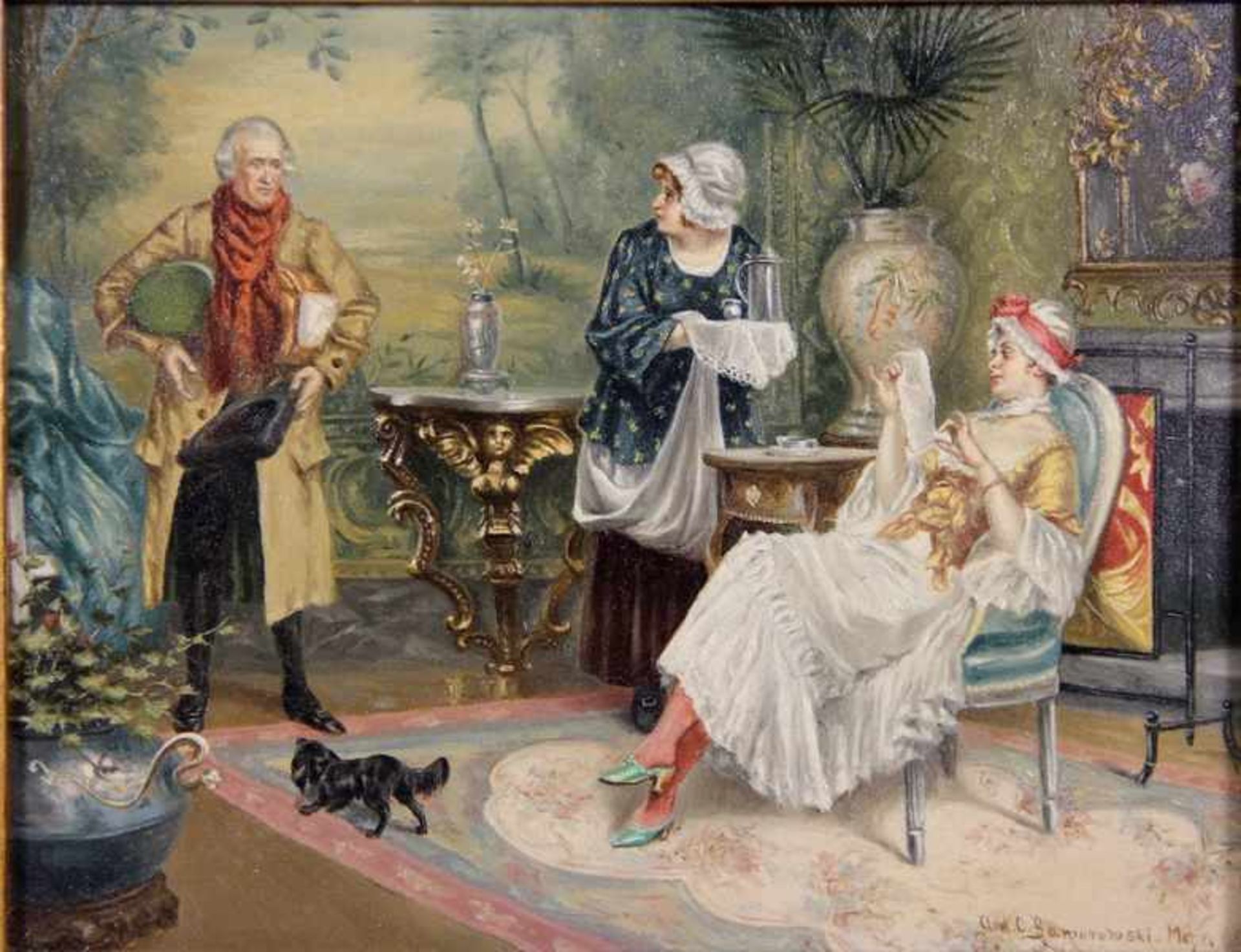 Baworowski, Anton Carl1853-1927, Goethe in einem feinen Salon mit zwei Frauen, die eine mit