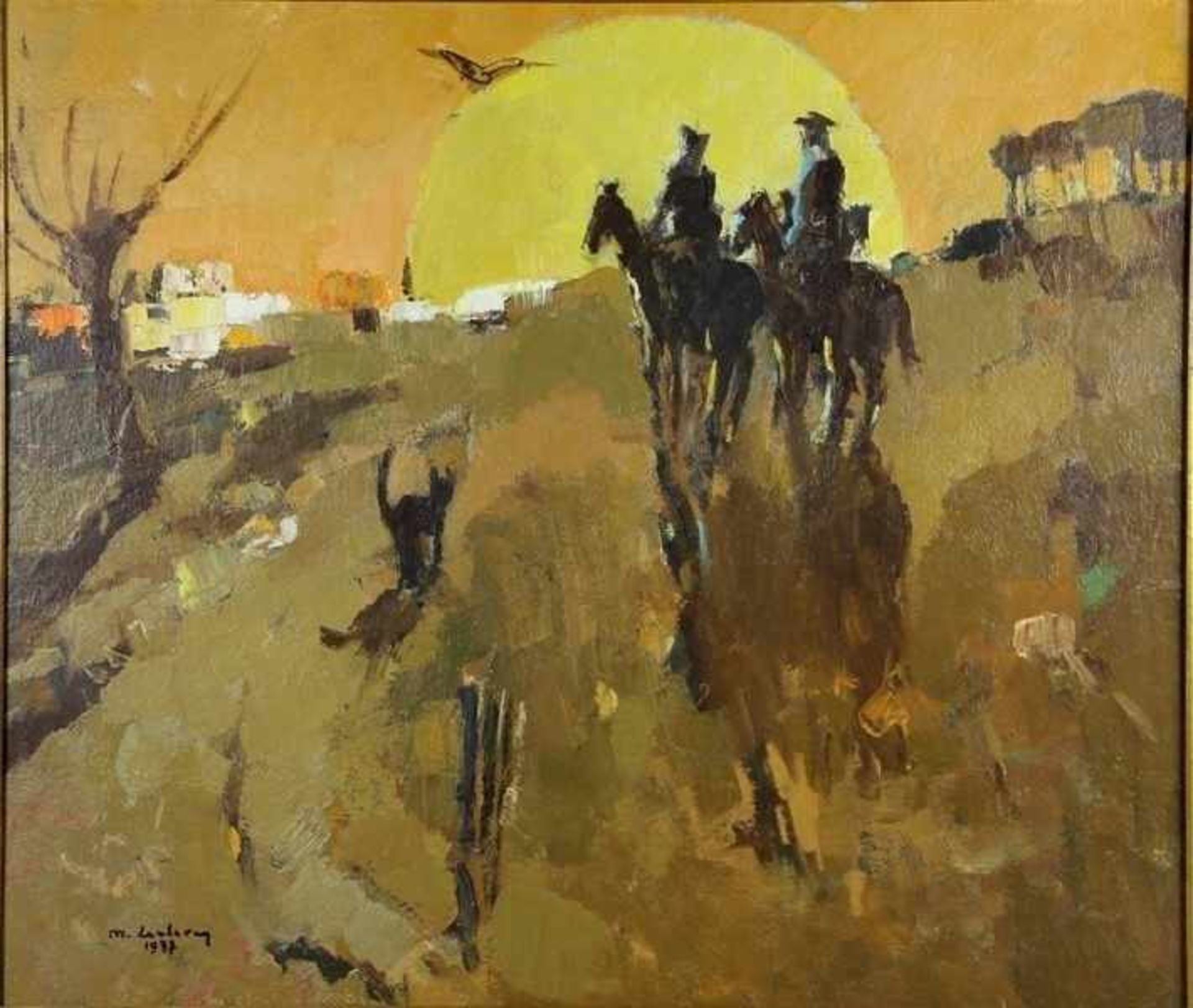 Leclercq, Mauricegeb. 1919, 2 Reiter zu Pferde im Sonnenuntergang, anbei ein Hund, gestische