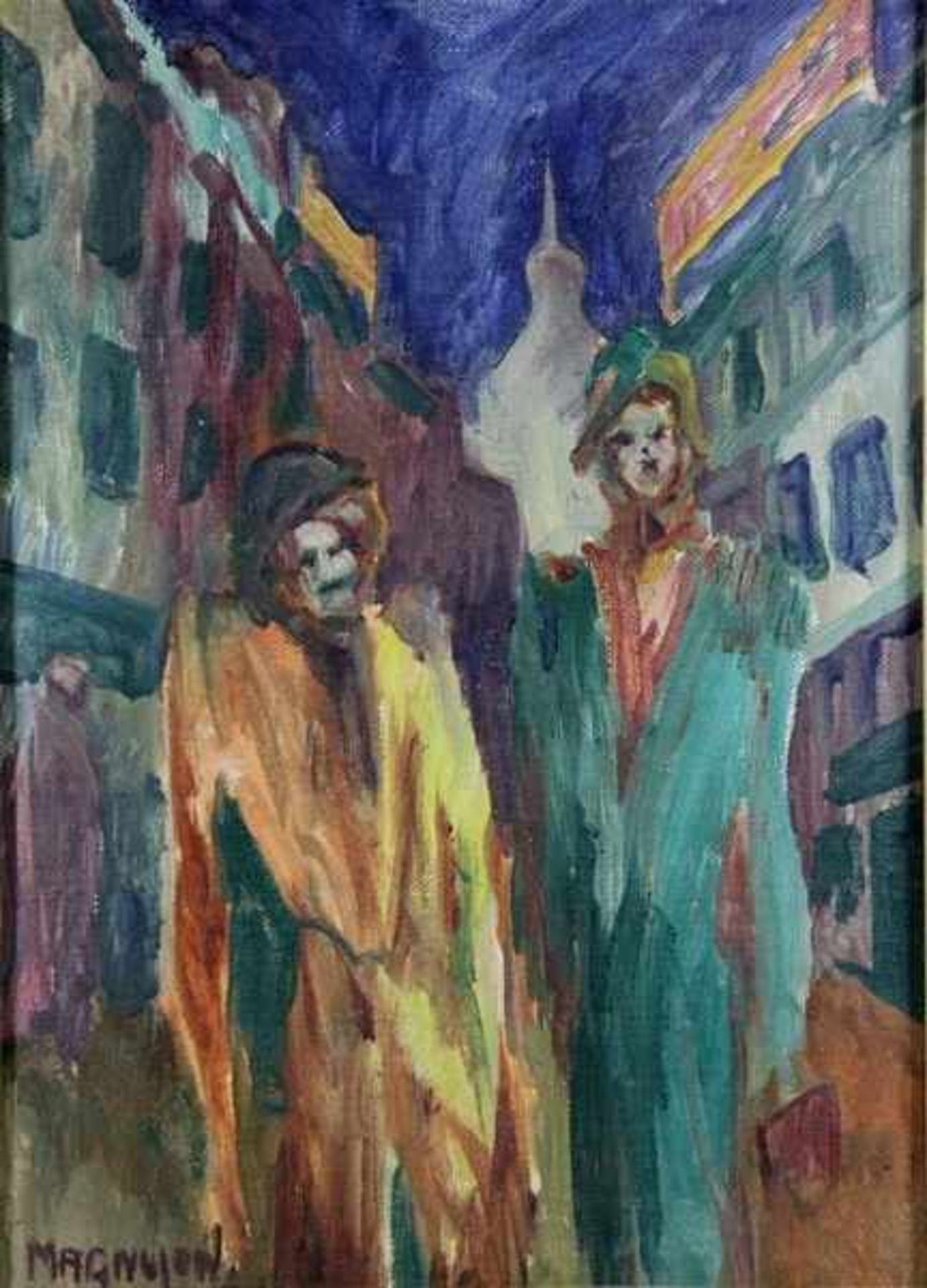 Unbekannter Künstler20. Jhd., 2 Damen mit Hüten u. Mänteln auf einer Straße, im Hintergrund