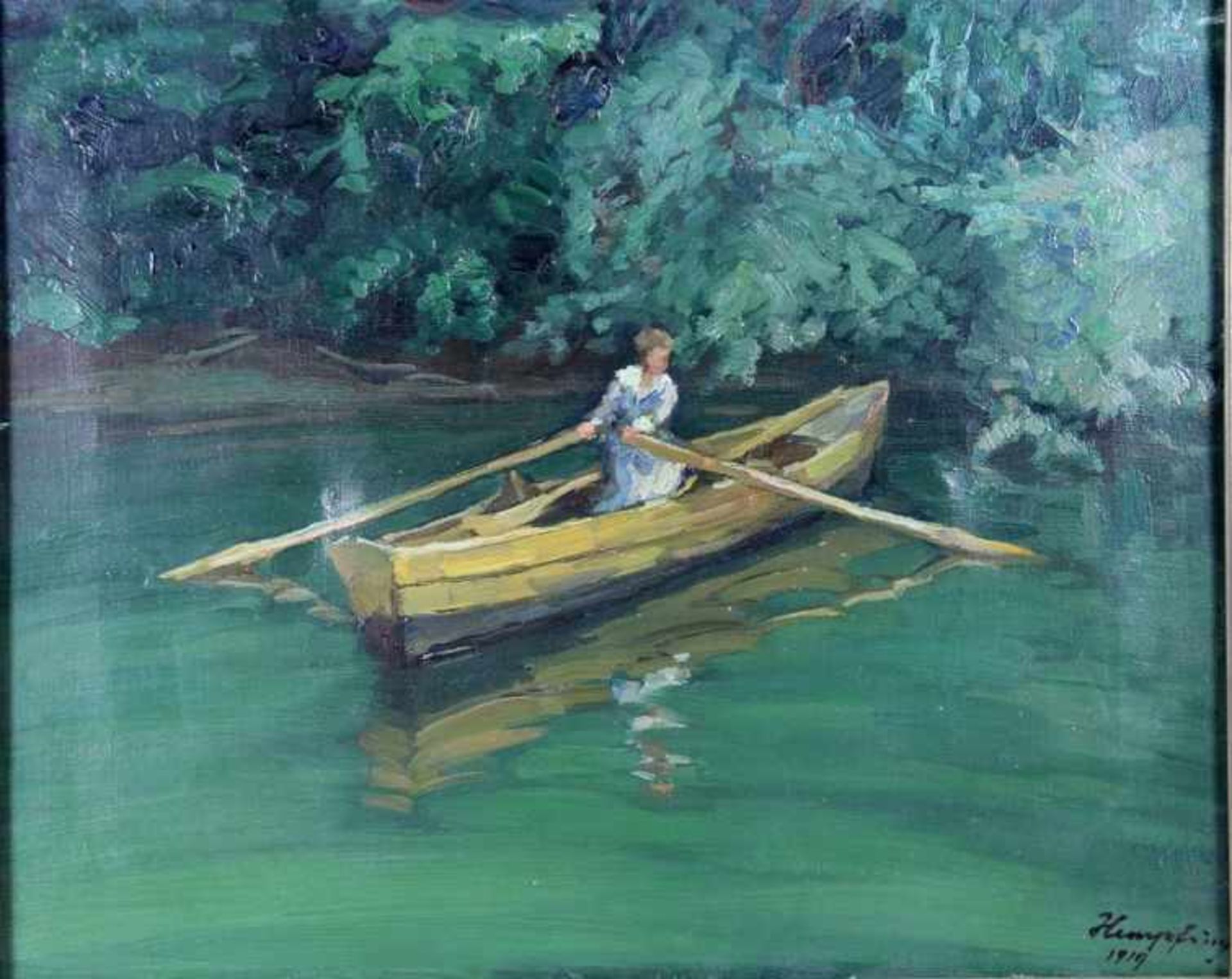 Hempfing, Wilhelm1886-1948, Frau in einem Ruderboot, auf einem Gewässer, hinter ihr dicht