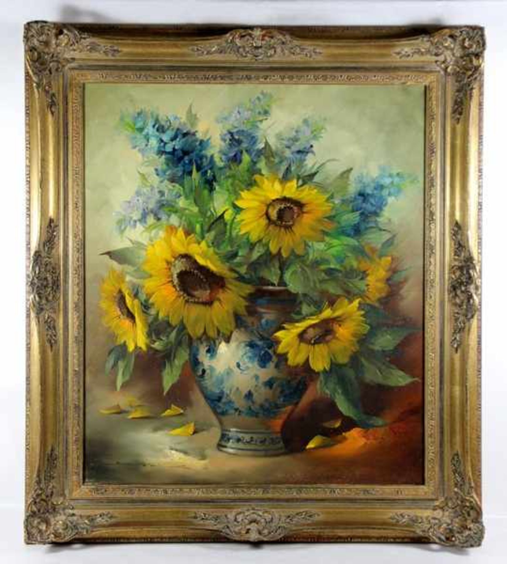 Unbekannter Künstler20. Jhd., große s Stillleben mit Sonnenblumen in einer Vase, unten links