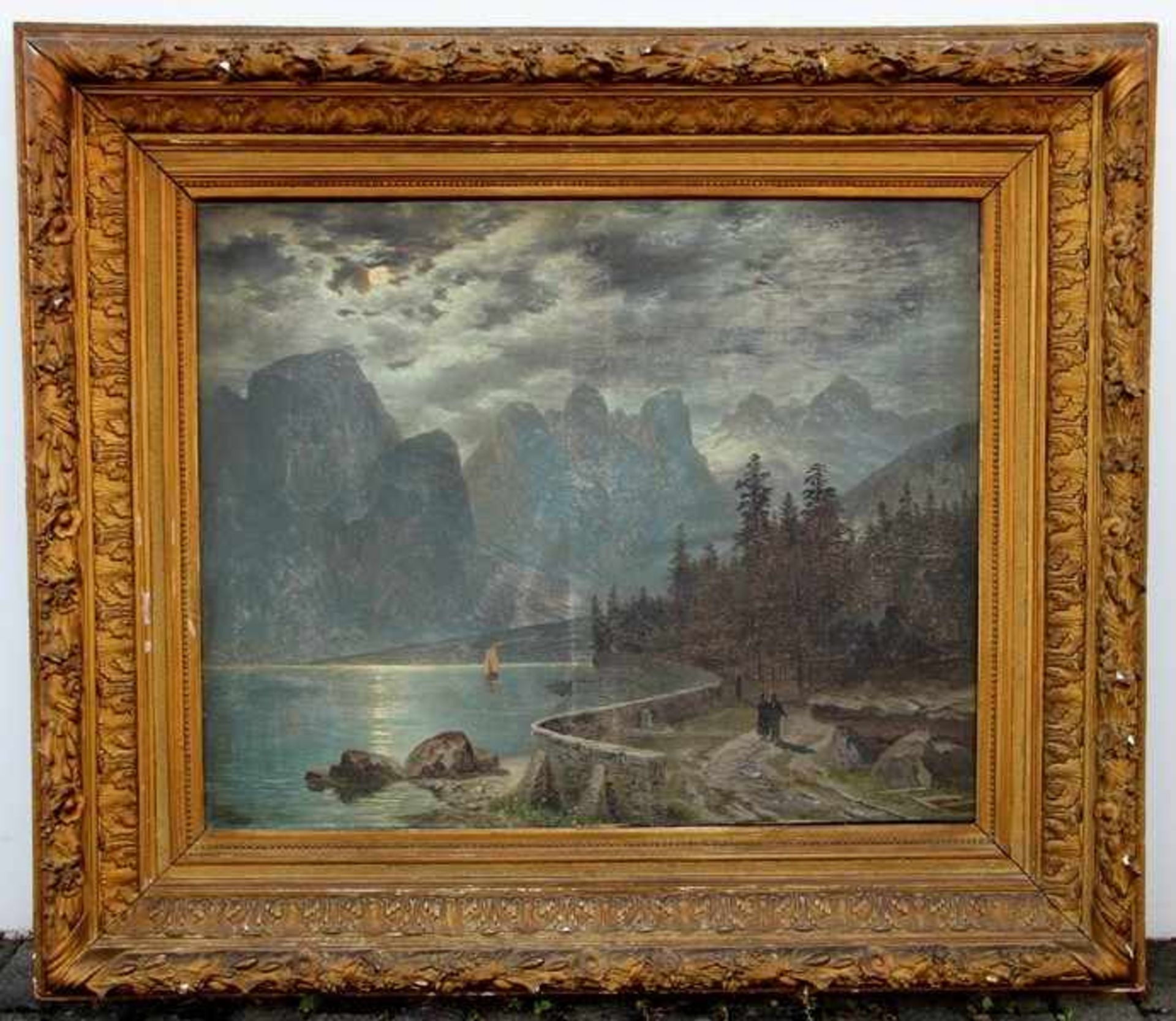 Nocken, Wilhelm Theodor1830-1905, Alpenlandschaft mit einem See, romantische Vollmondathmosphäre,